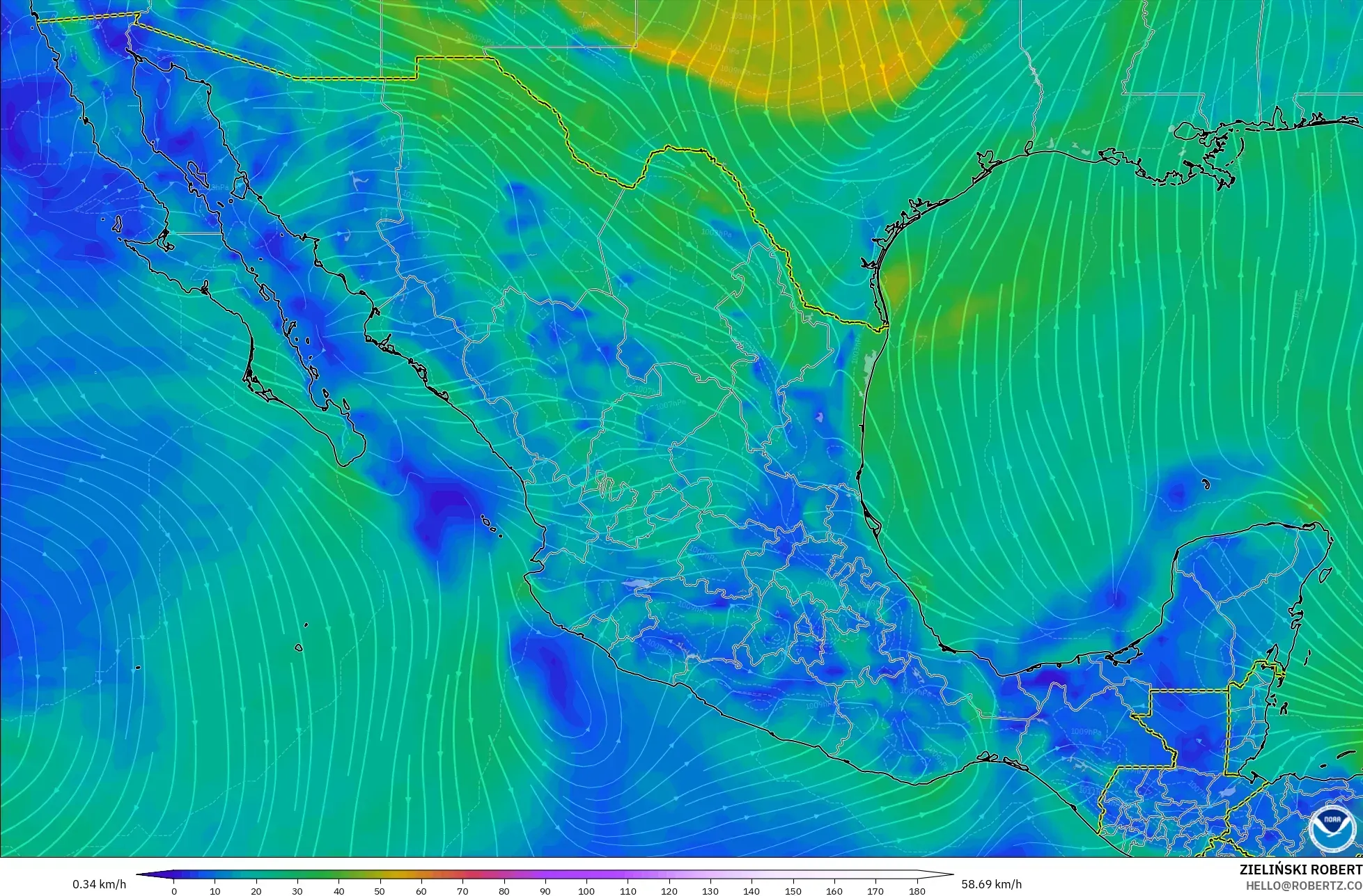 GFS modelo - México, Vento a 10 m