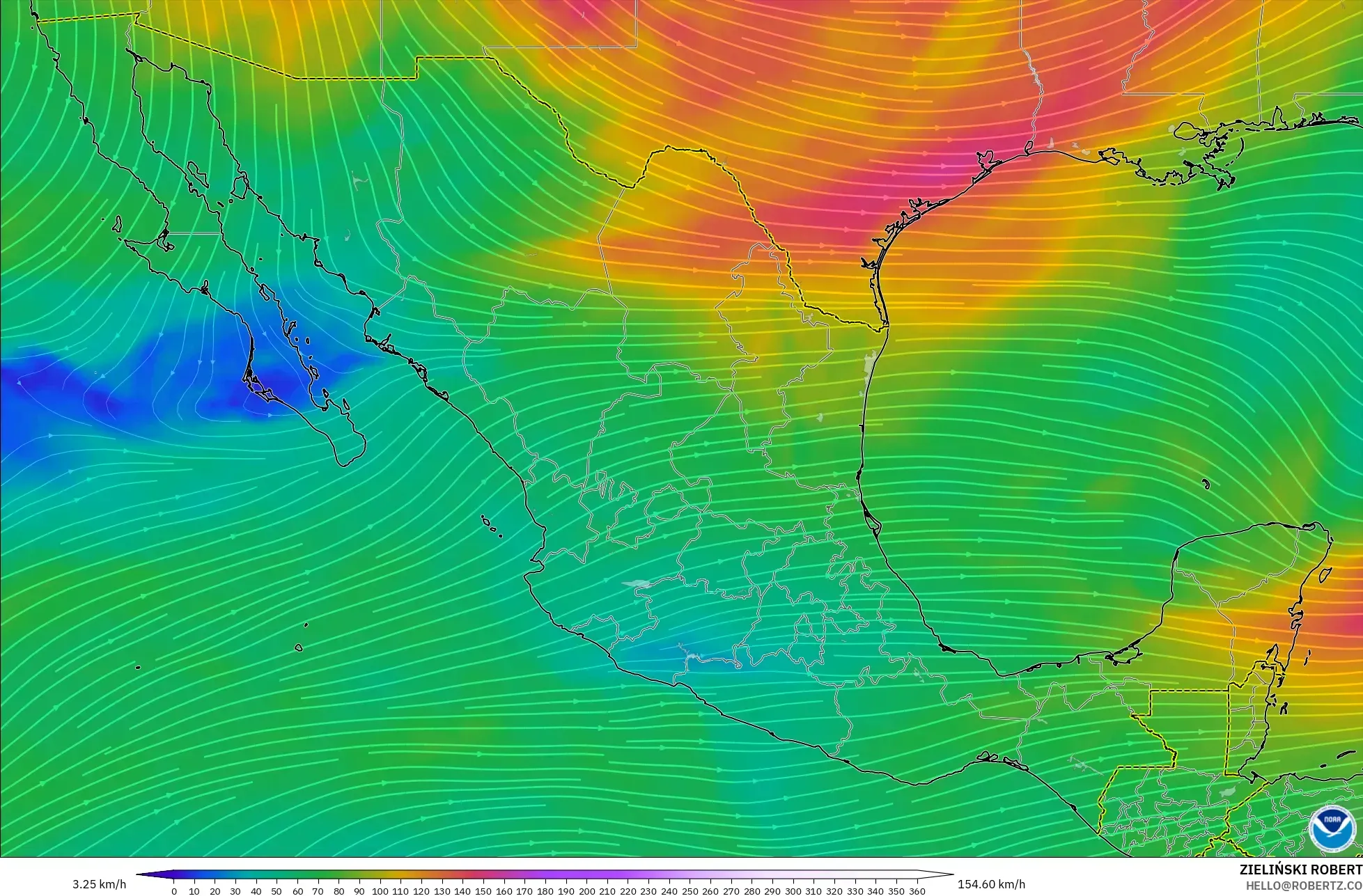 GFS modelo - México, Vento a 300 hPa (corrente em jato)
