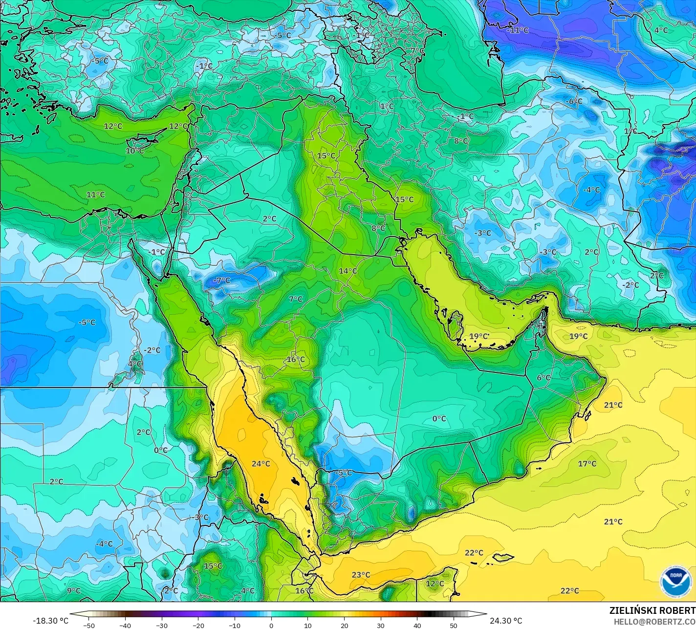 GFS modelo - Oriente Médio, Ponto de orvalho a 2 m