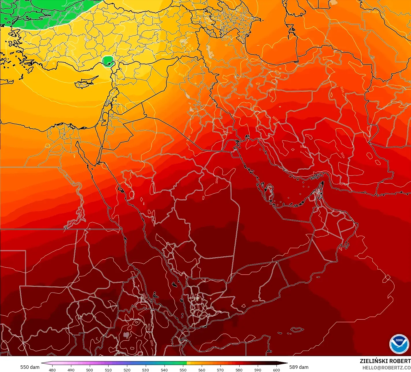 GFS modelo - Oriente Médio, Altura geopotencial a 500 hPa