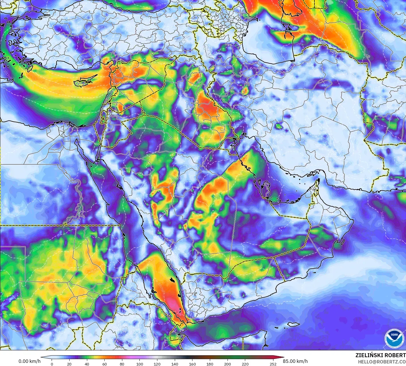 GFS modelo - Oriente Médio, Rajadas de vento
