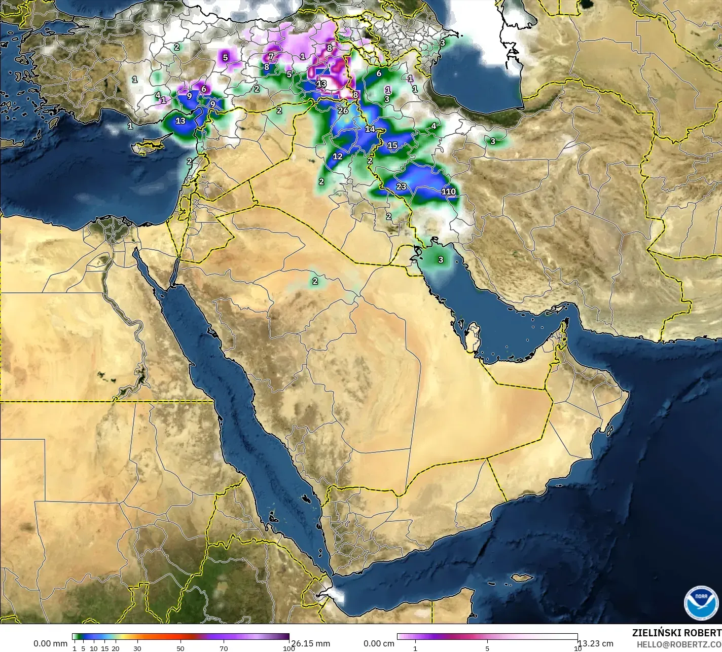 GFS modelo - Oriente Médio, Precipitação, nuvens e pressão