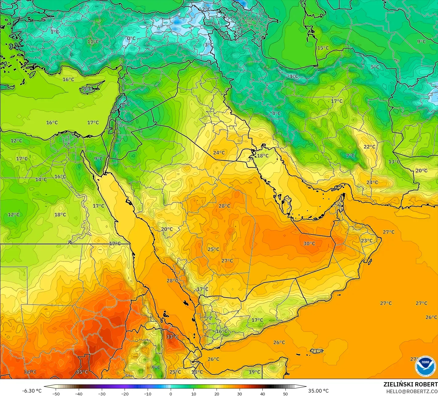 GFS modelo - Oriente Médio, Temperatura a 2 m