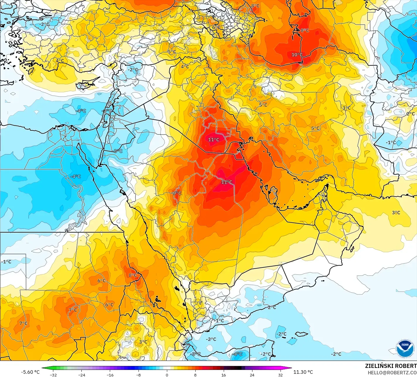 GFS modelo - Oriente Médio, Anomalia de temperatura a 850 hPa