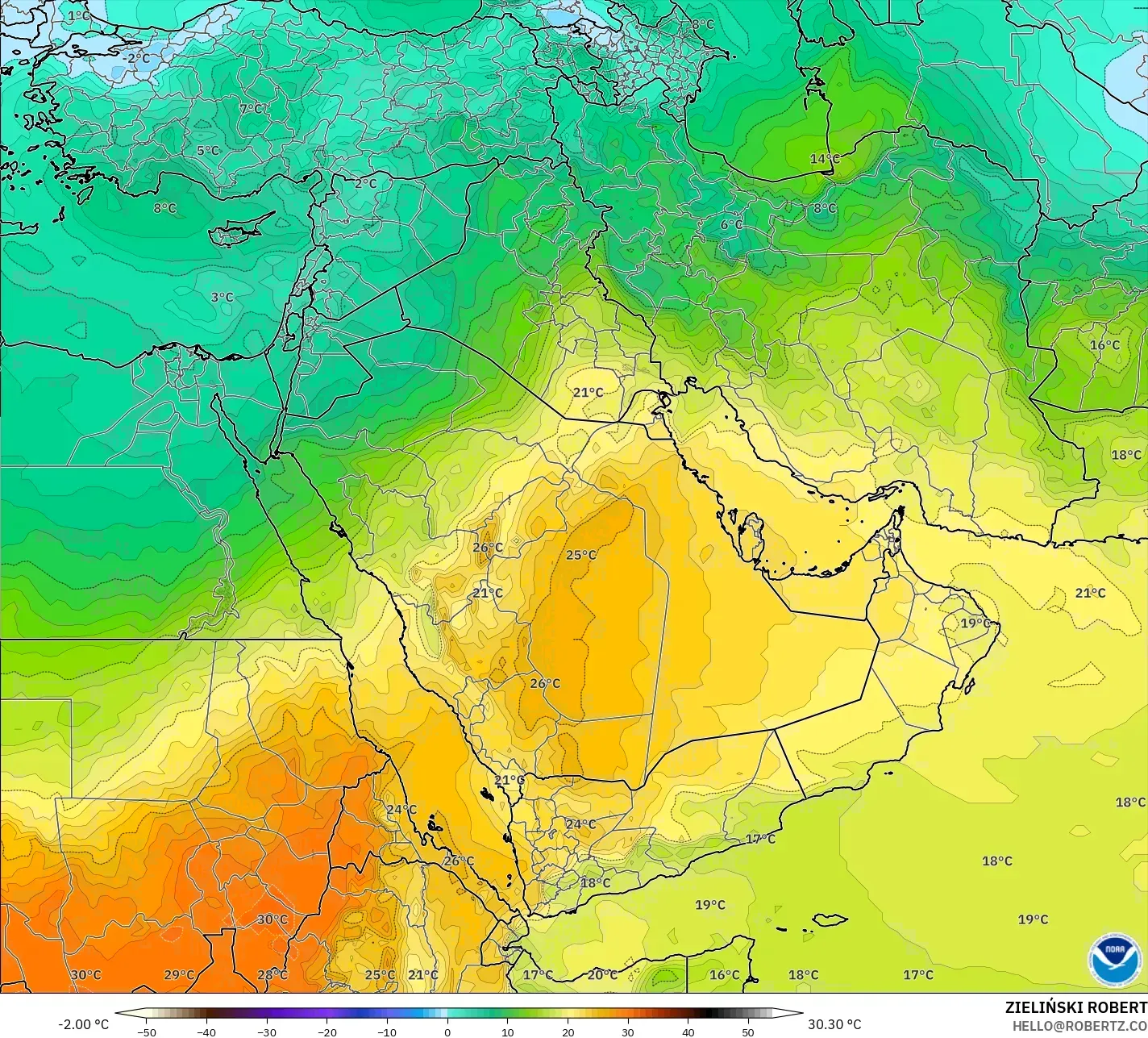 GFS modelo - Oriente Médio, Temperatura a 850 hPa