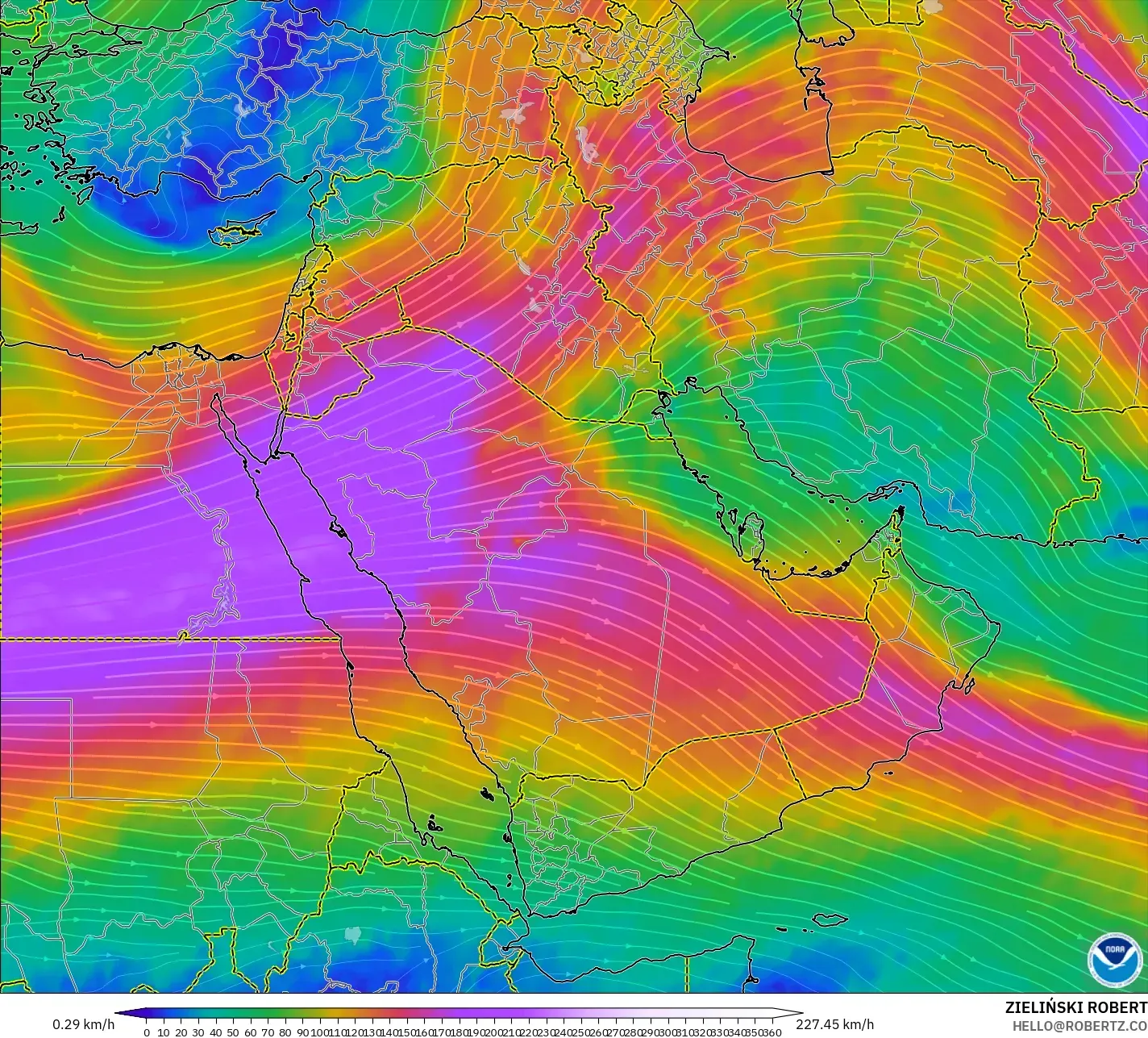 GFS modelo - Oriente Médio, Vento a 300 hPa (corrente em jato)