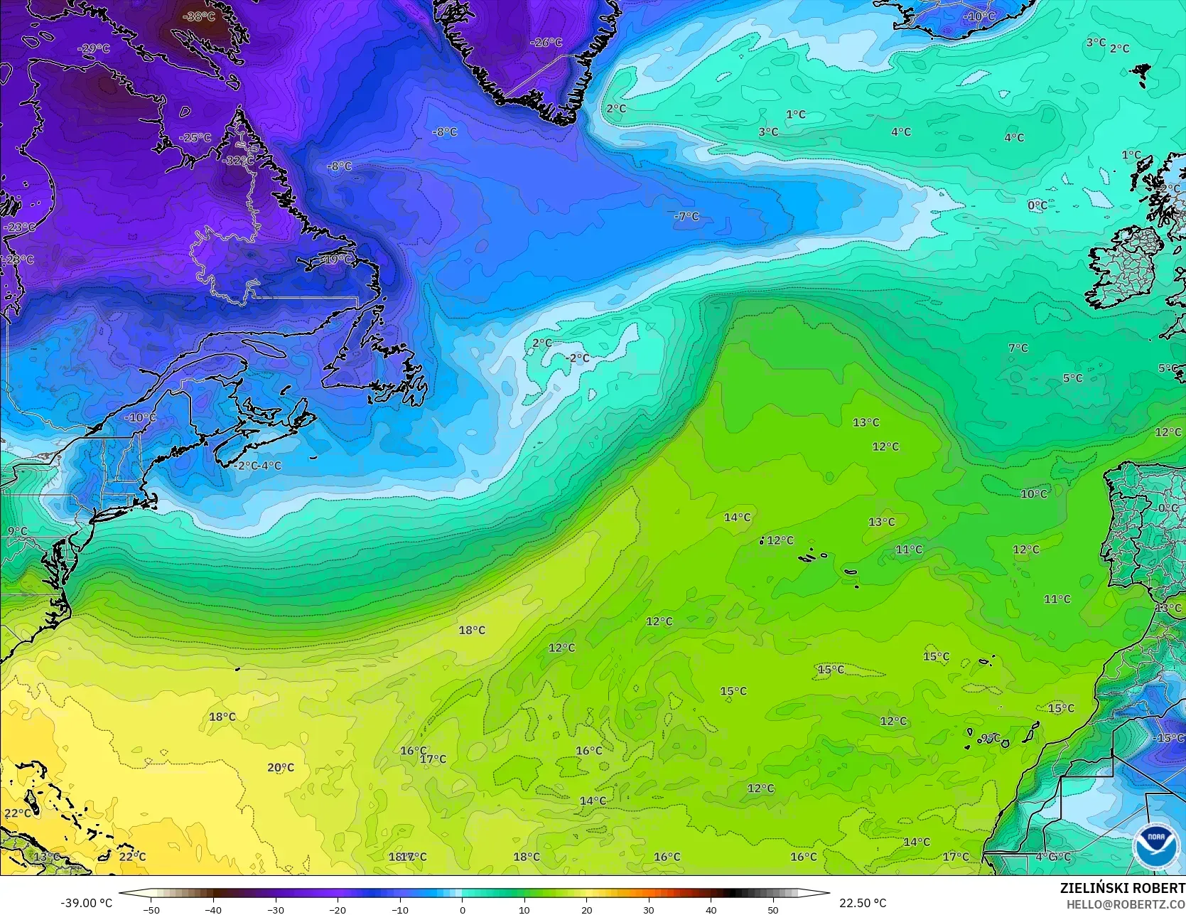 GFS modelo - Atlântico Norte, Ponto de orvalho a 2 m