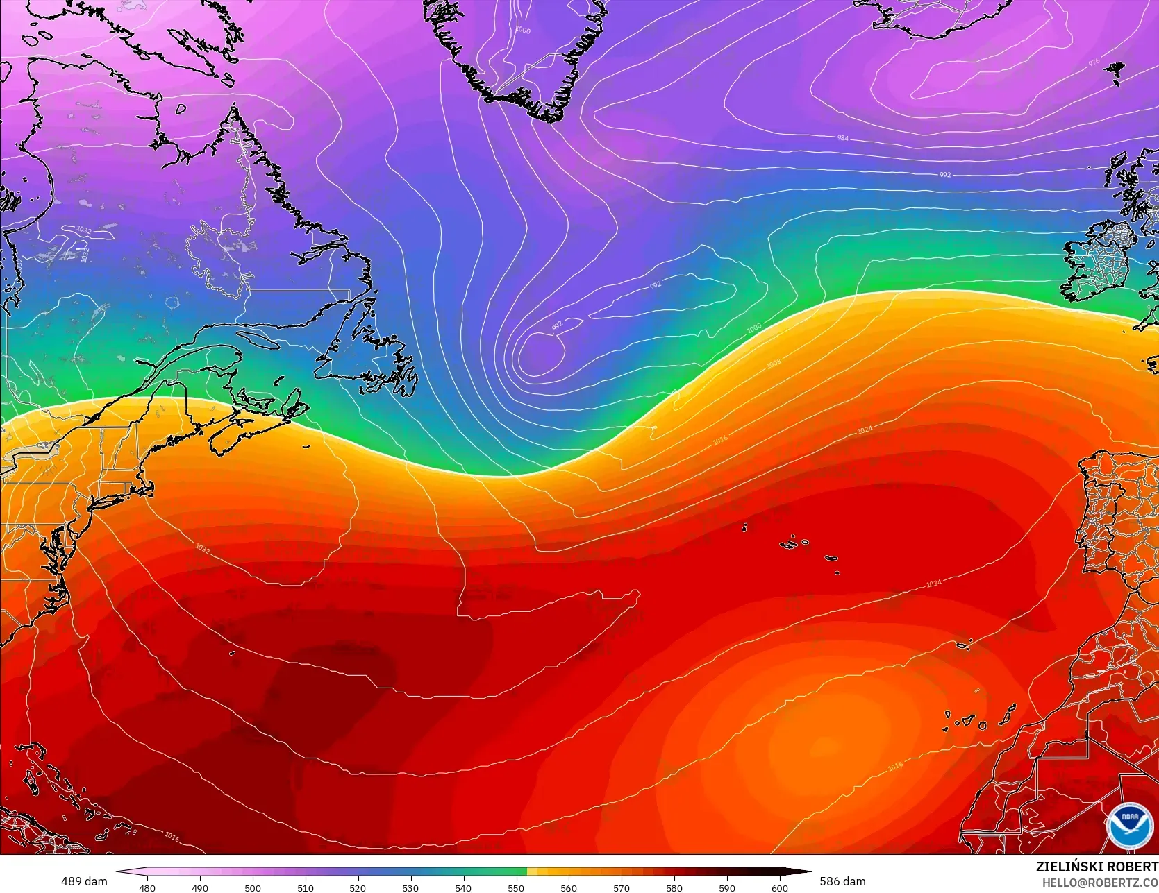 GFS modelo - Atlântico Norte, Altura geopotencial a 500 hPa