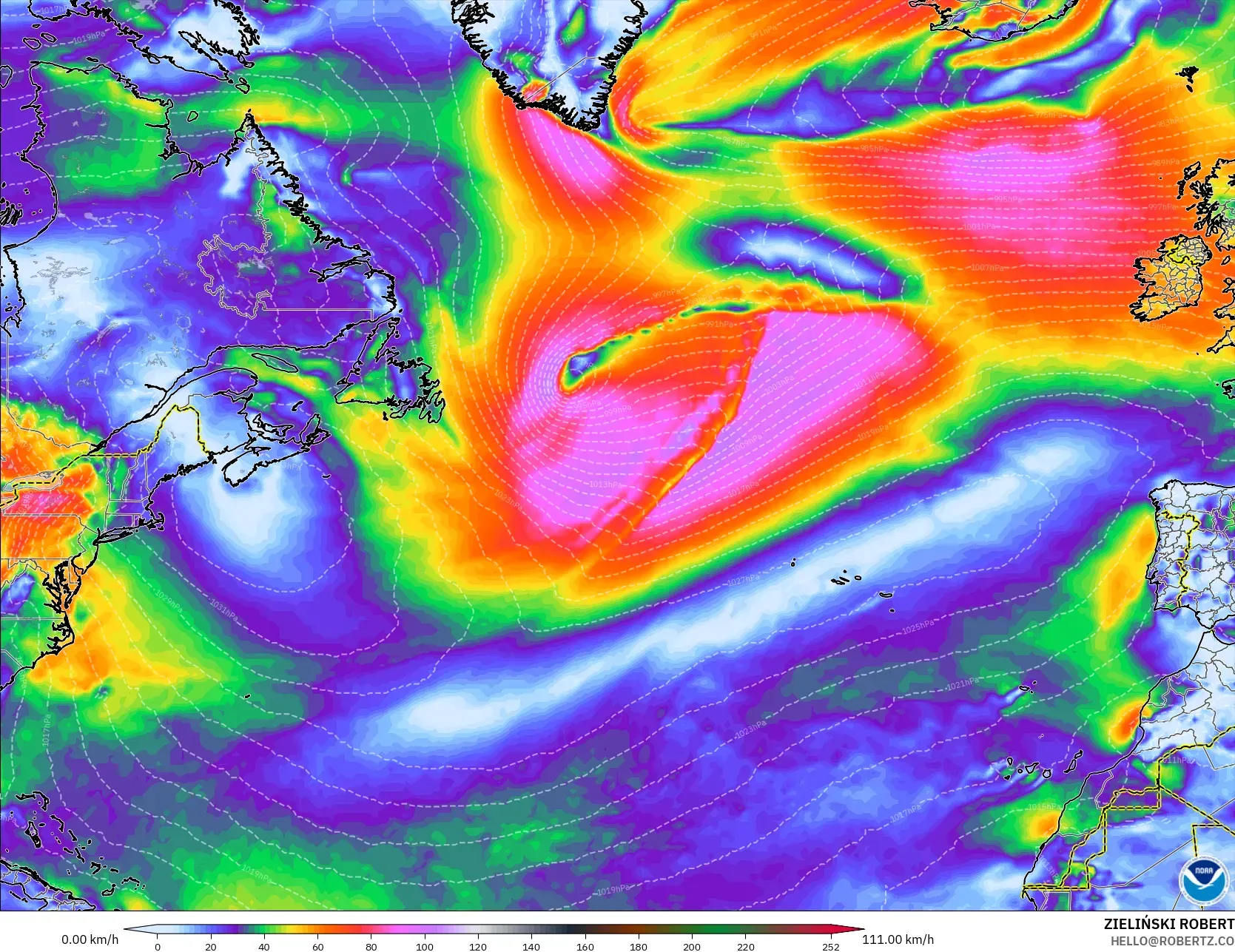 GFS modelo - Atlântico Norte, Rajadas de vento