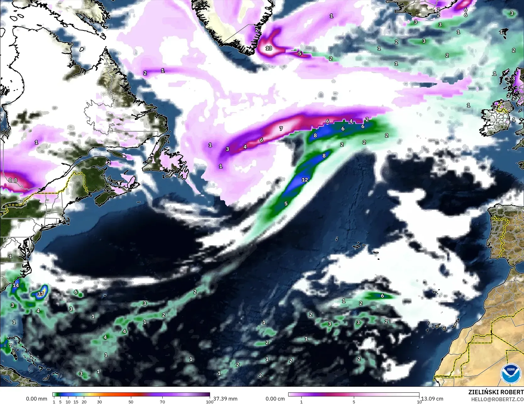 GFS modelo - Atlântico Norte, Precipitação, nuvens e pressão