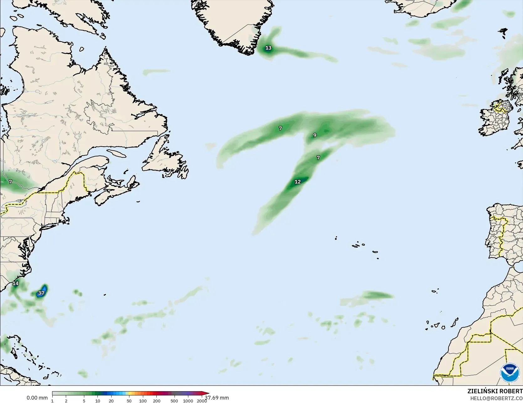 GFS modelo - Atlântico Norte, Acúmulo de precipitação