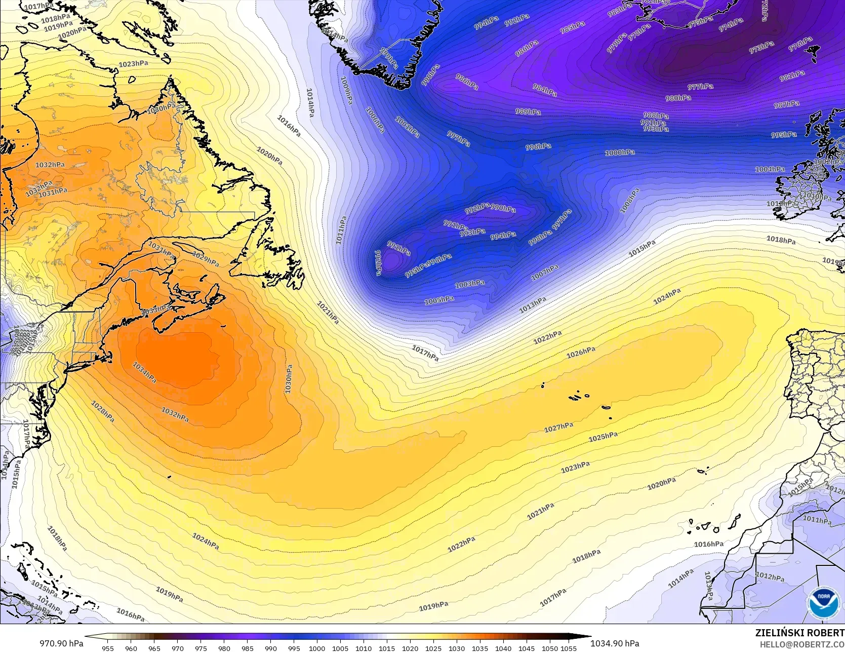GFS modelo - Atlântico Norte, Pressão