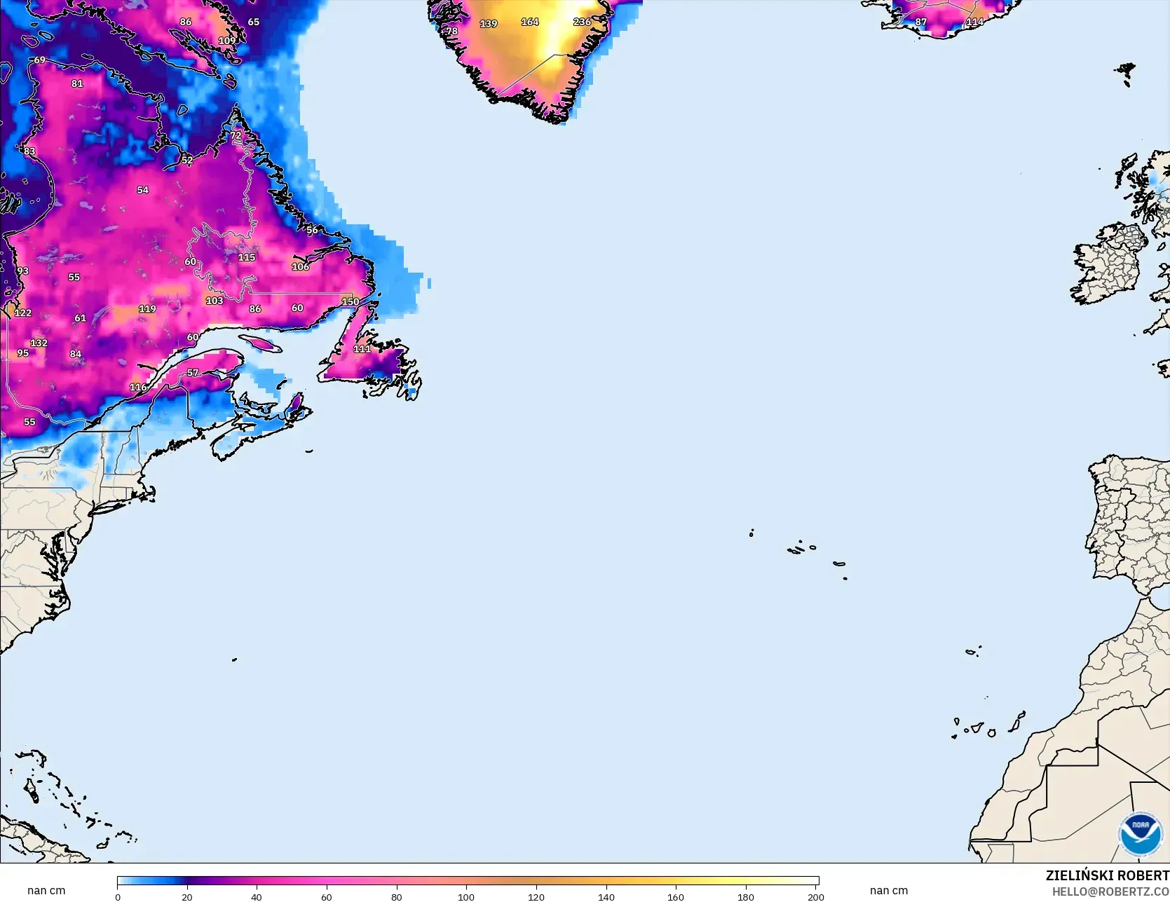 GFS modelo - Atlântico Norte, Profundidade da neve