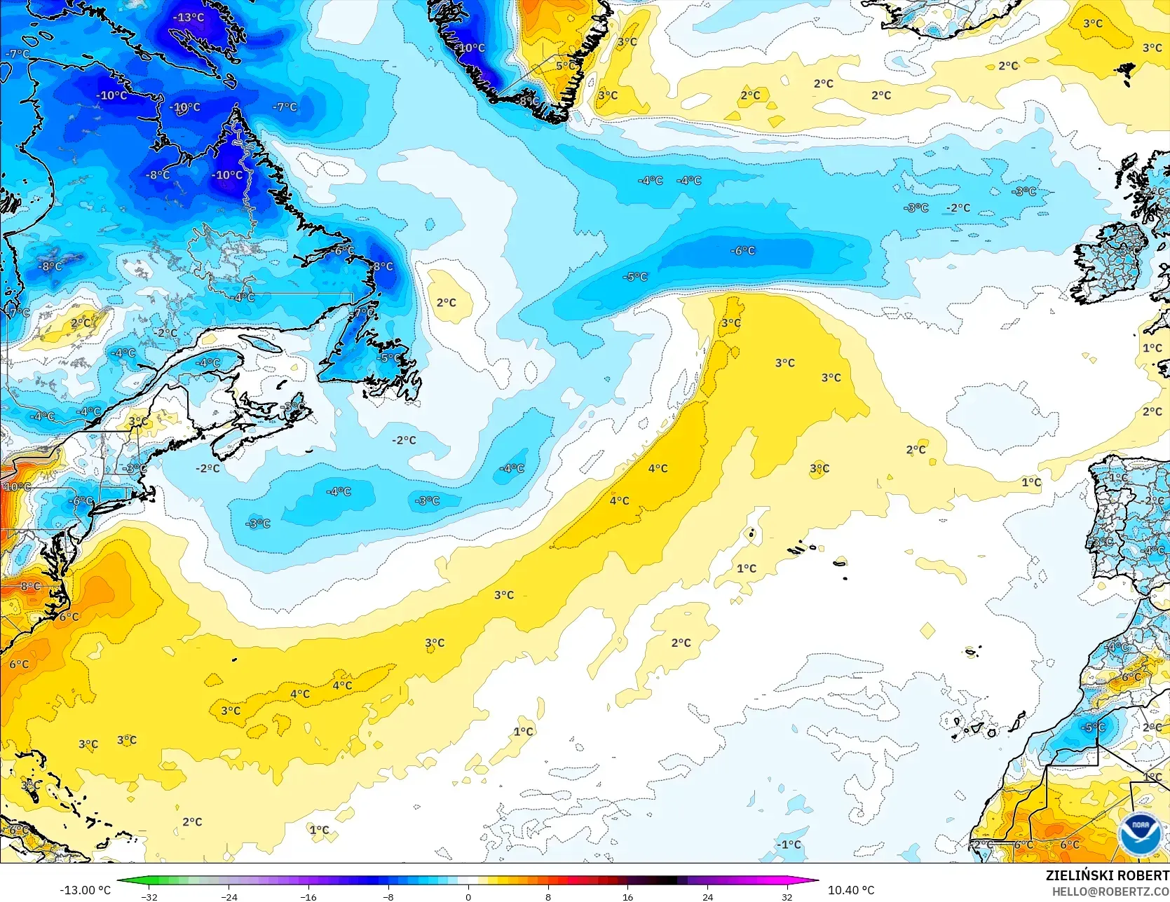 GFS modelo - Atlântico Norte, Anomalia de temperatura a 2 m