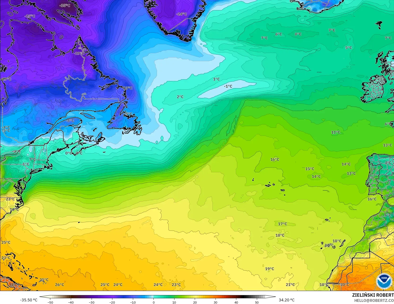 GFS modelo - Atlântico Norte, Temperatura a 2 m