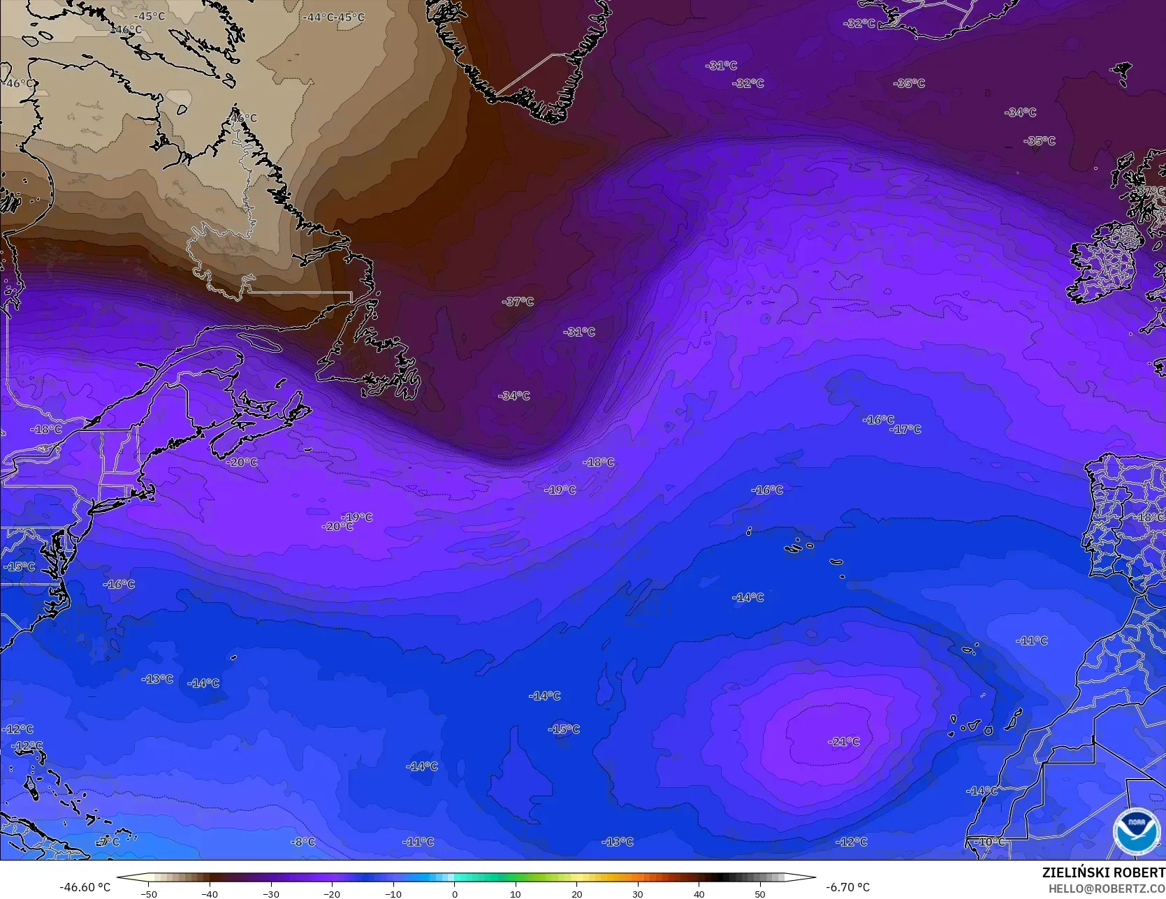 GFS modelo - Atlântico Norte, Temperatura a 500 hPa