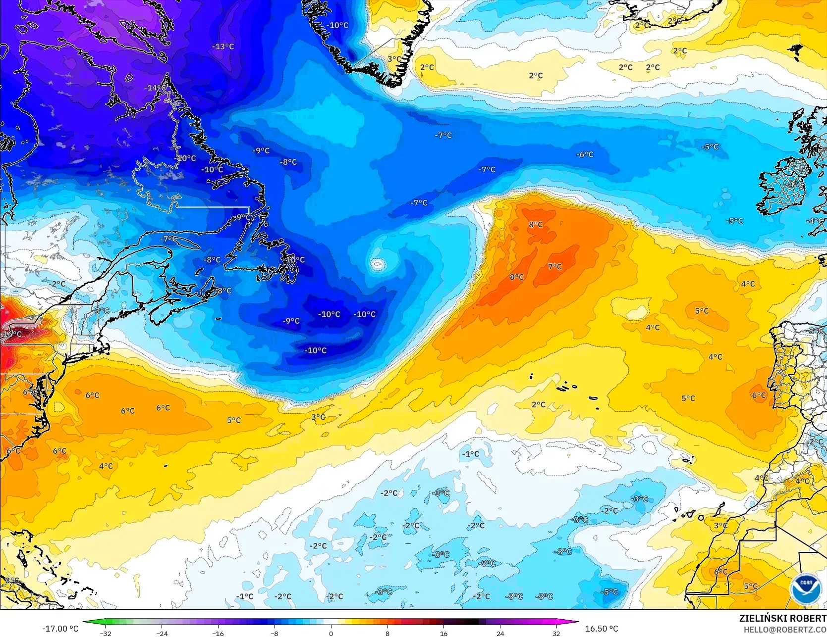 GFS modelo - Atlântico Norte, Anomalia de temperatura a 850 hPa