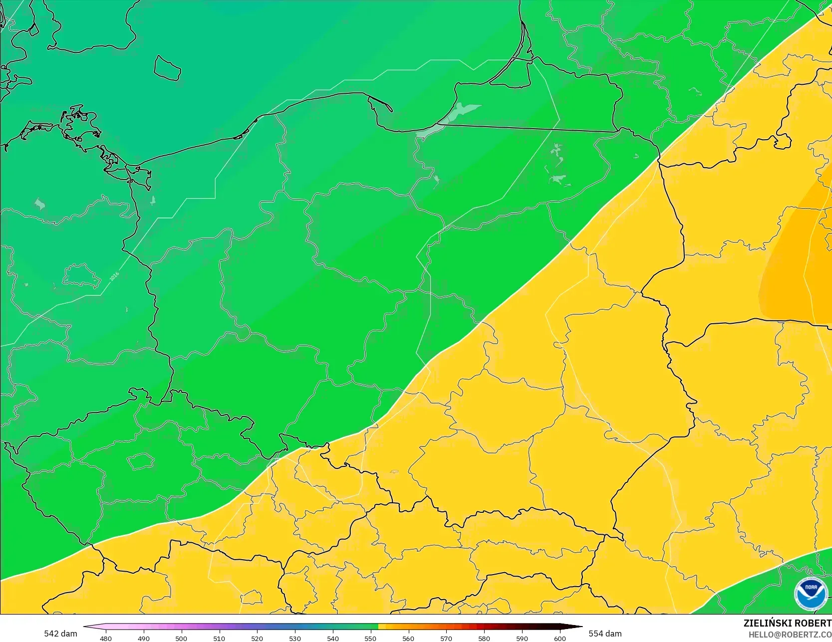 GFS modelo - Polônia, Altura geopotencial a 500 hPa