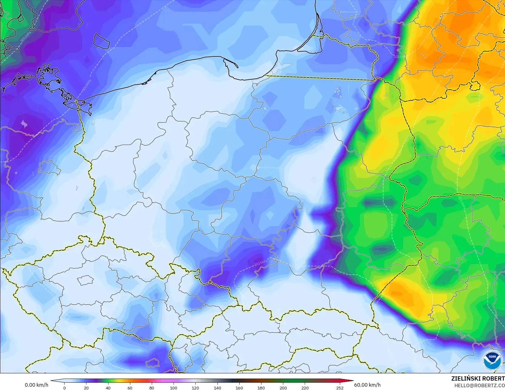 GFS modelo - Polônia, Rajadas de vento