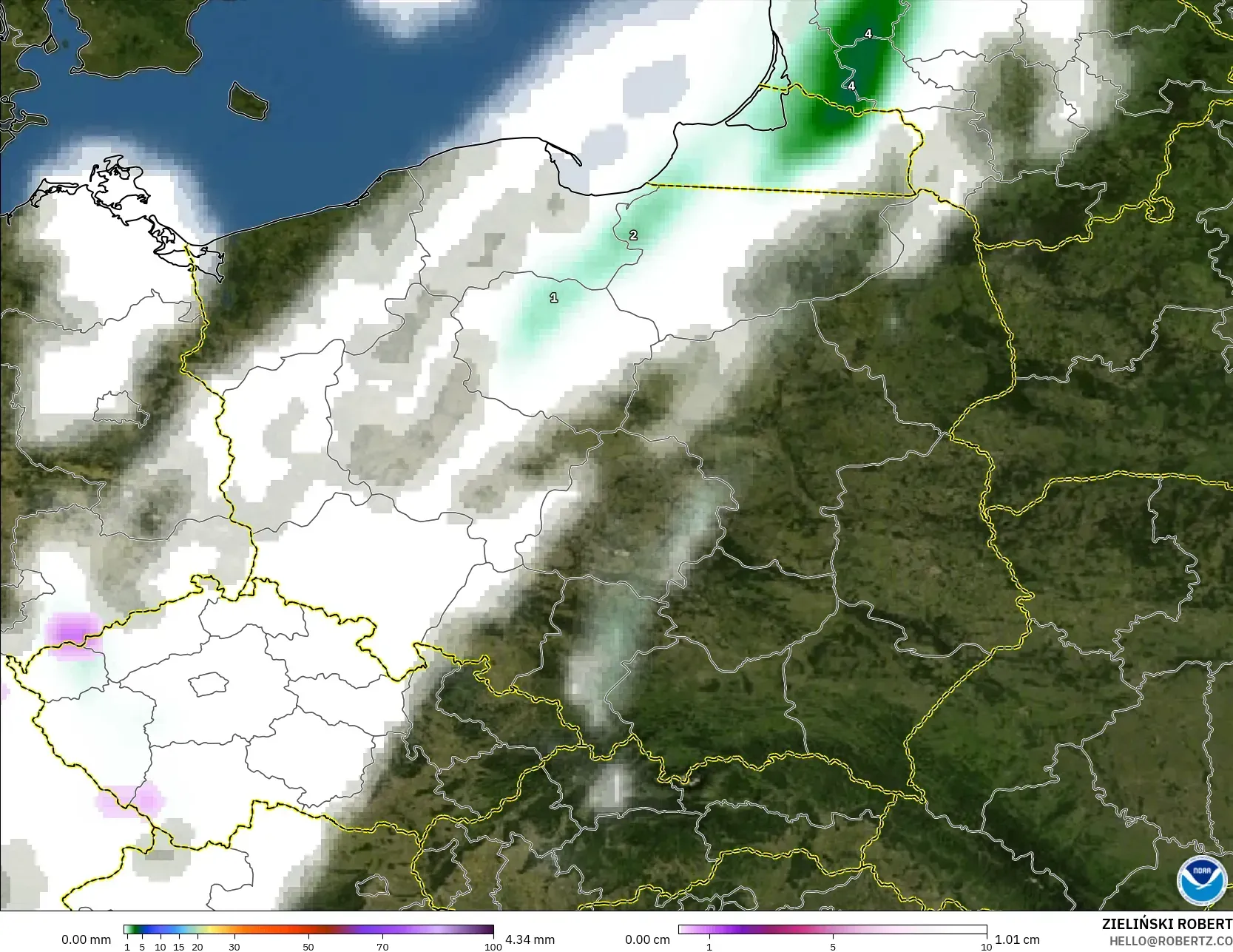 GFS modelo - Polônia, Precipitação, nuvens e pressão