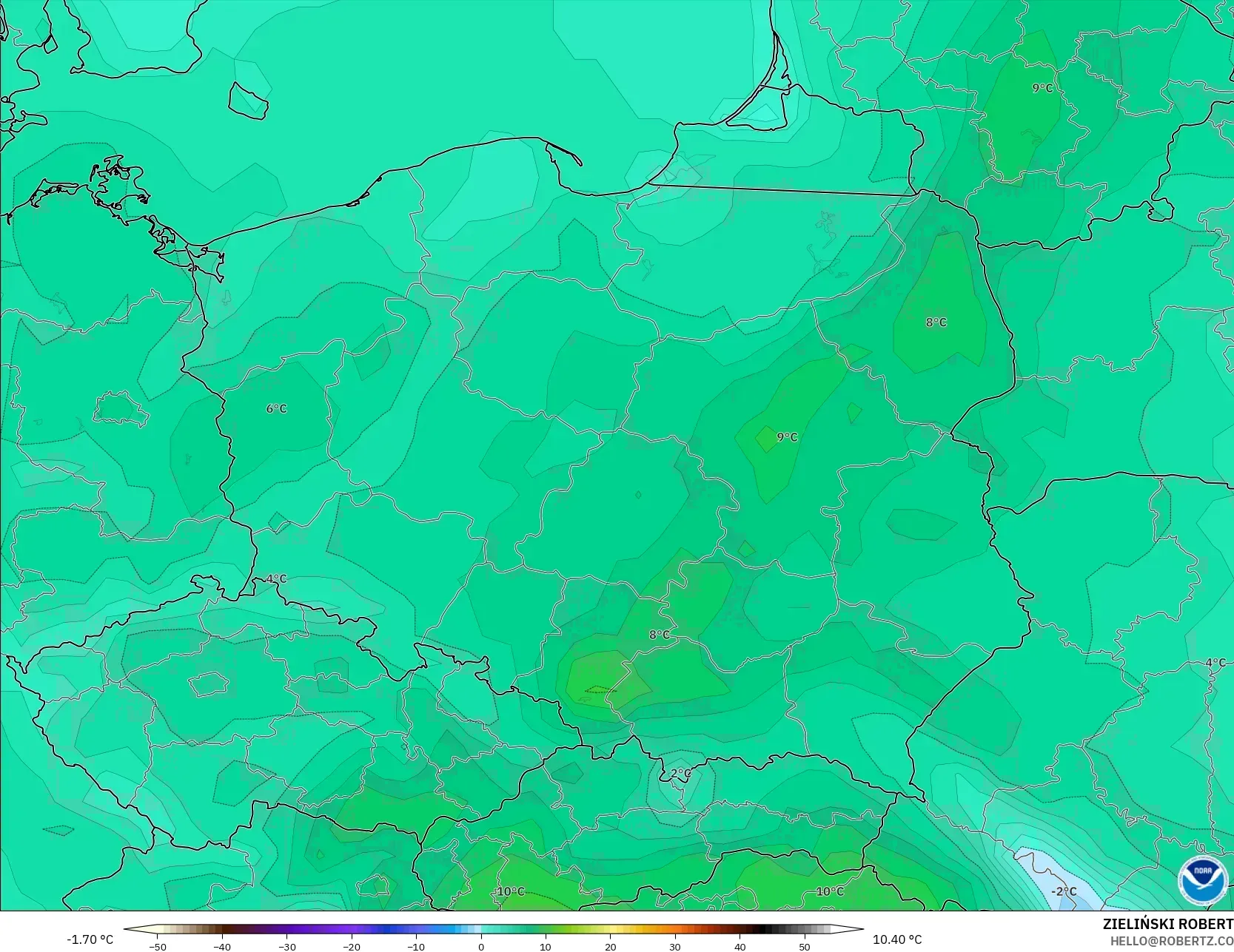 GFS modelo - Polônia, Temperatura a 2 m