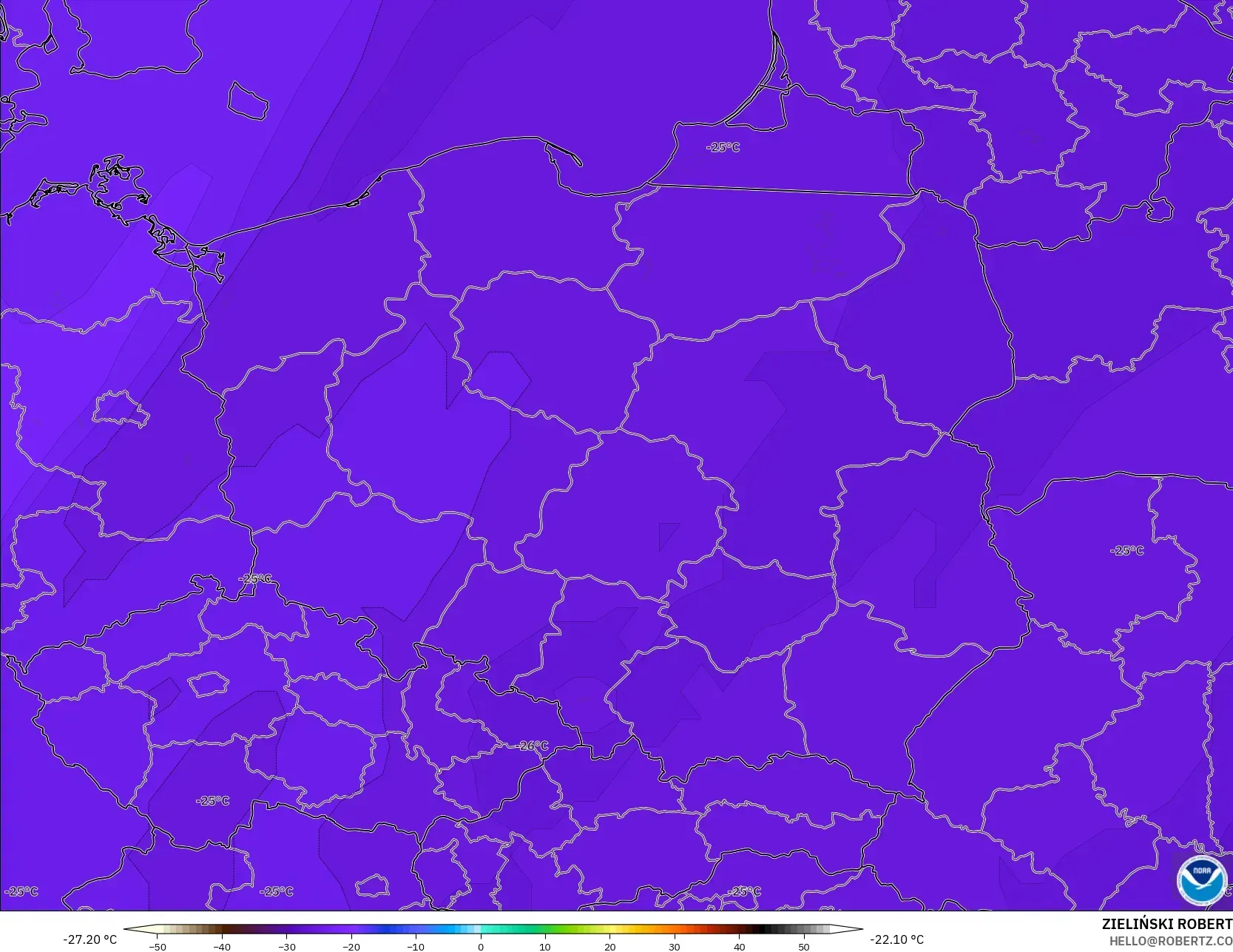 GFS modelo - Polônia, Temperatura a 500 hPa