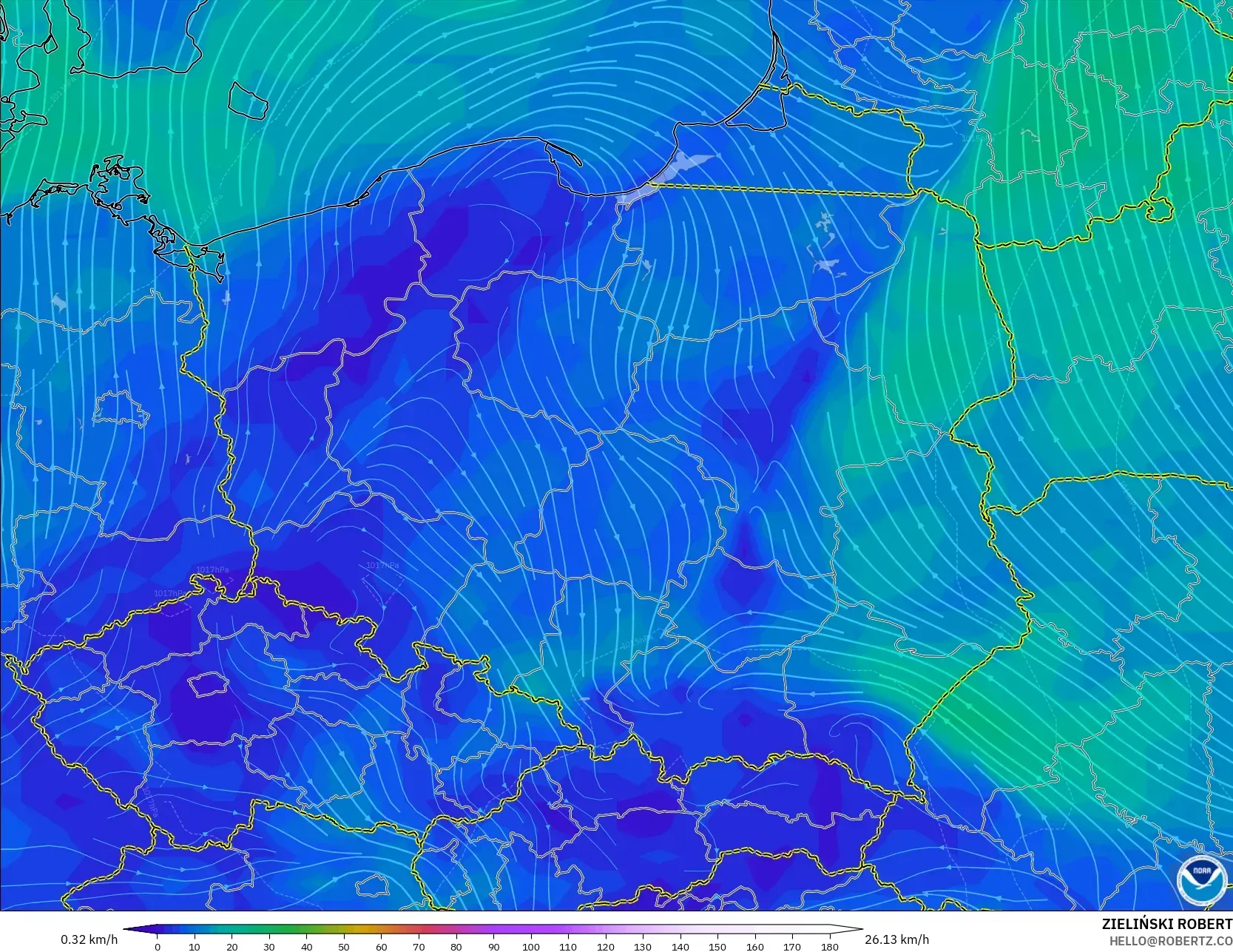 GFS modelo - Polônia, Vento a 10 m
