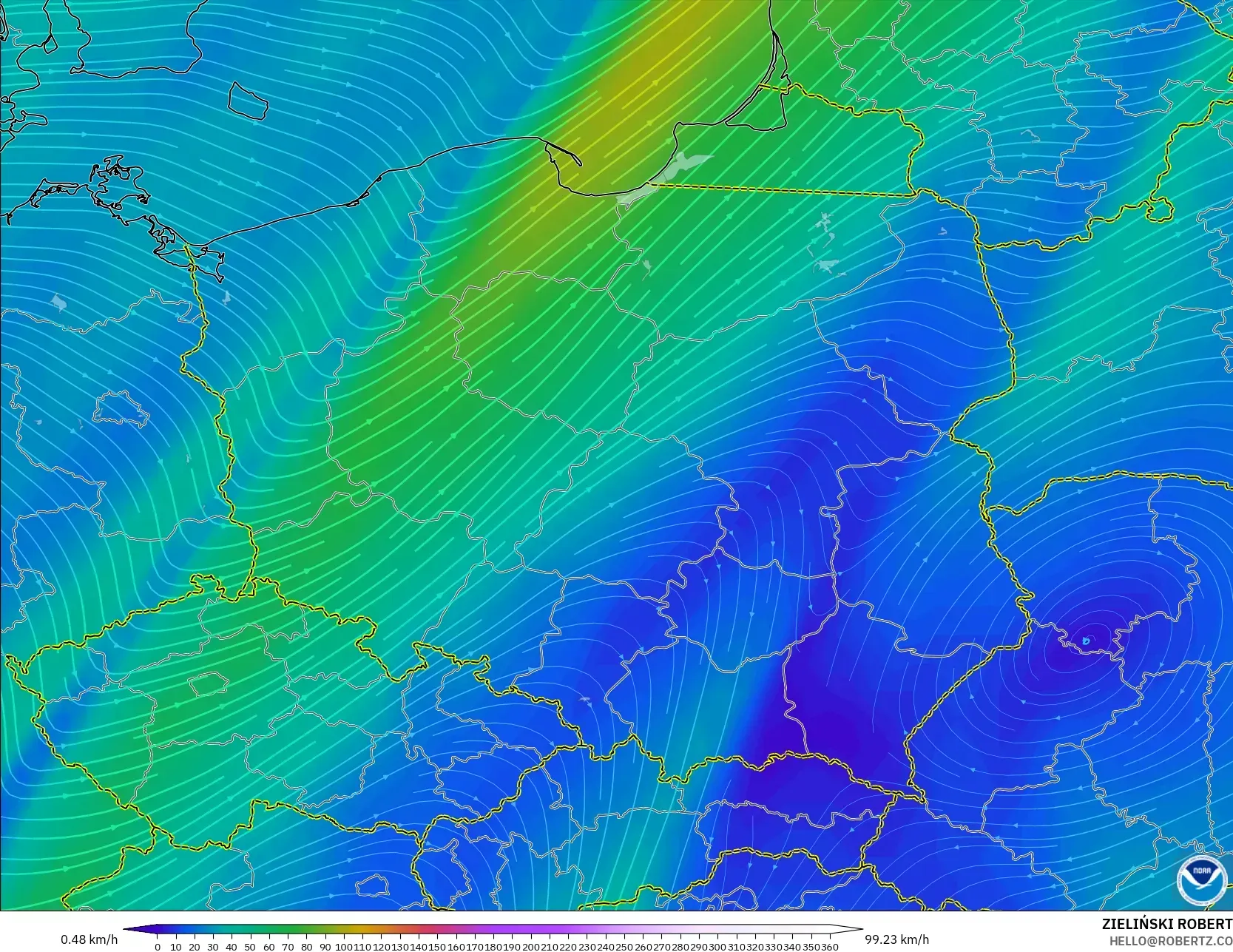 GFS modelo - Polônia, Vento a 300 hPa (corrente em jato)