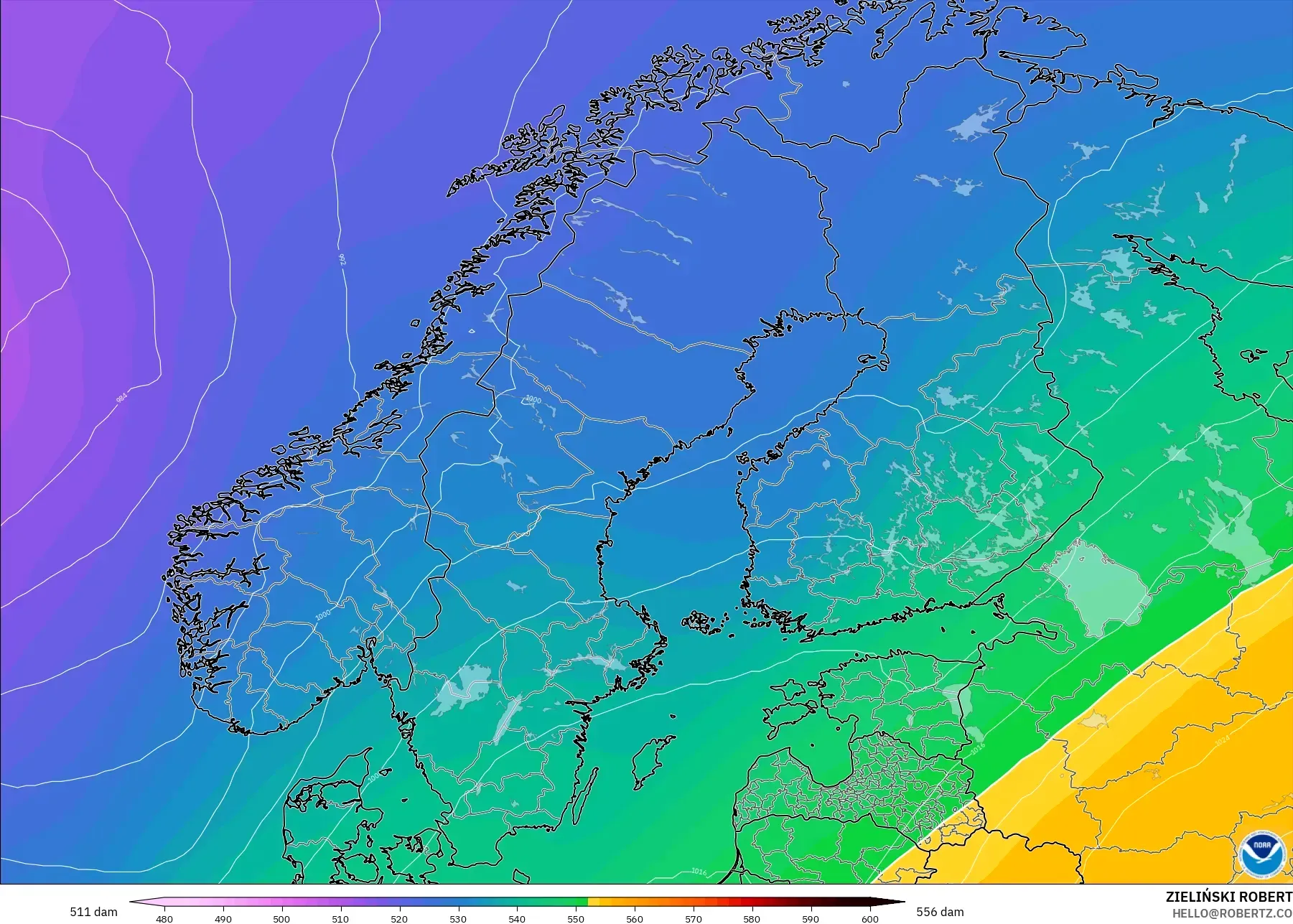 GFS modelo - Escandinávia, Altura geopotencial a 500 hPa