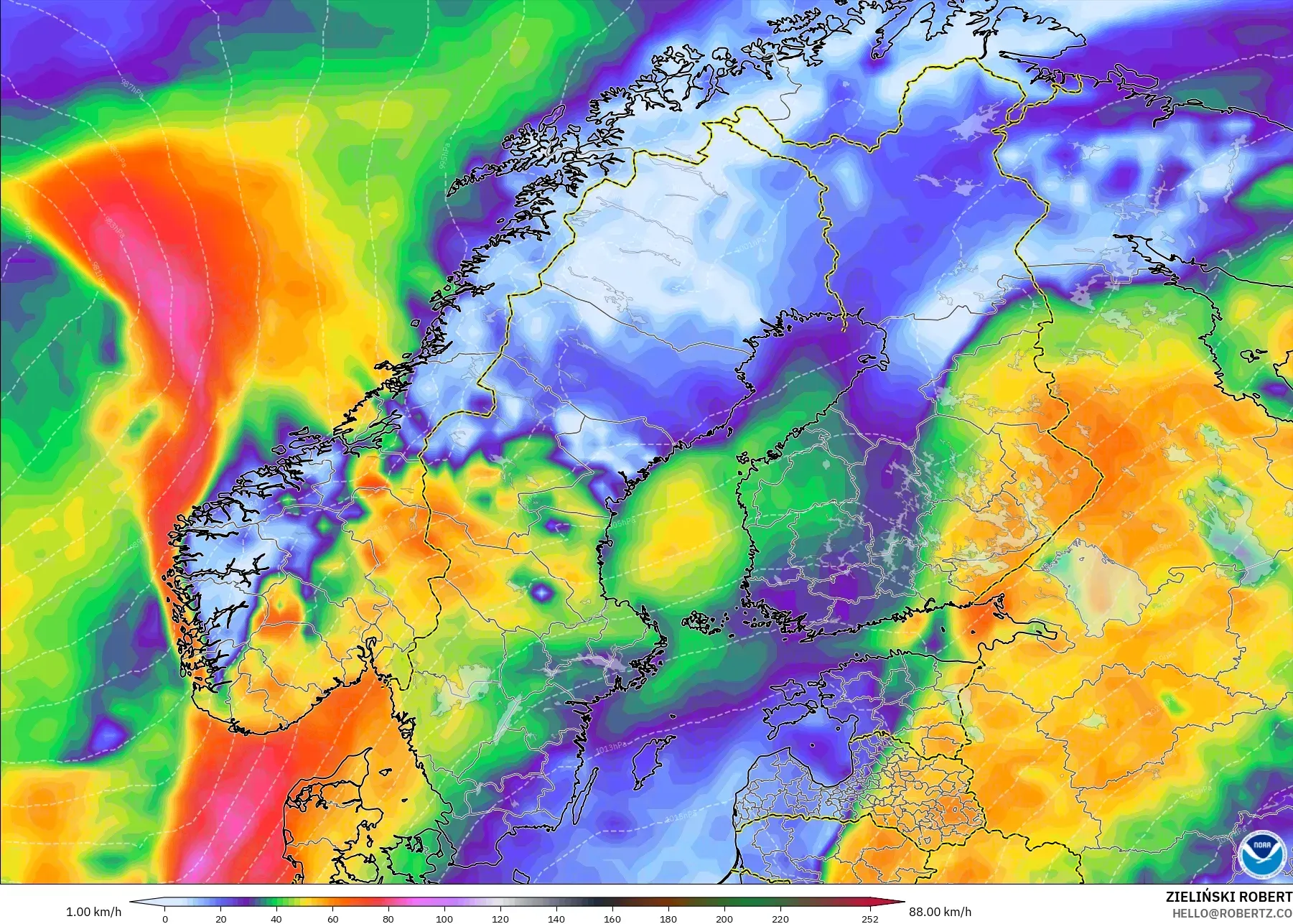 GFS modelo - Escandinávia, Rajadas de Vento Máximas
