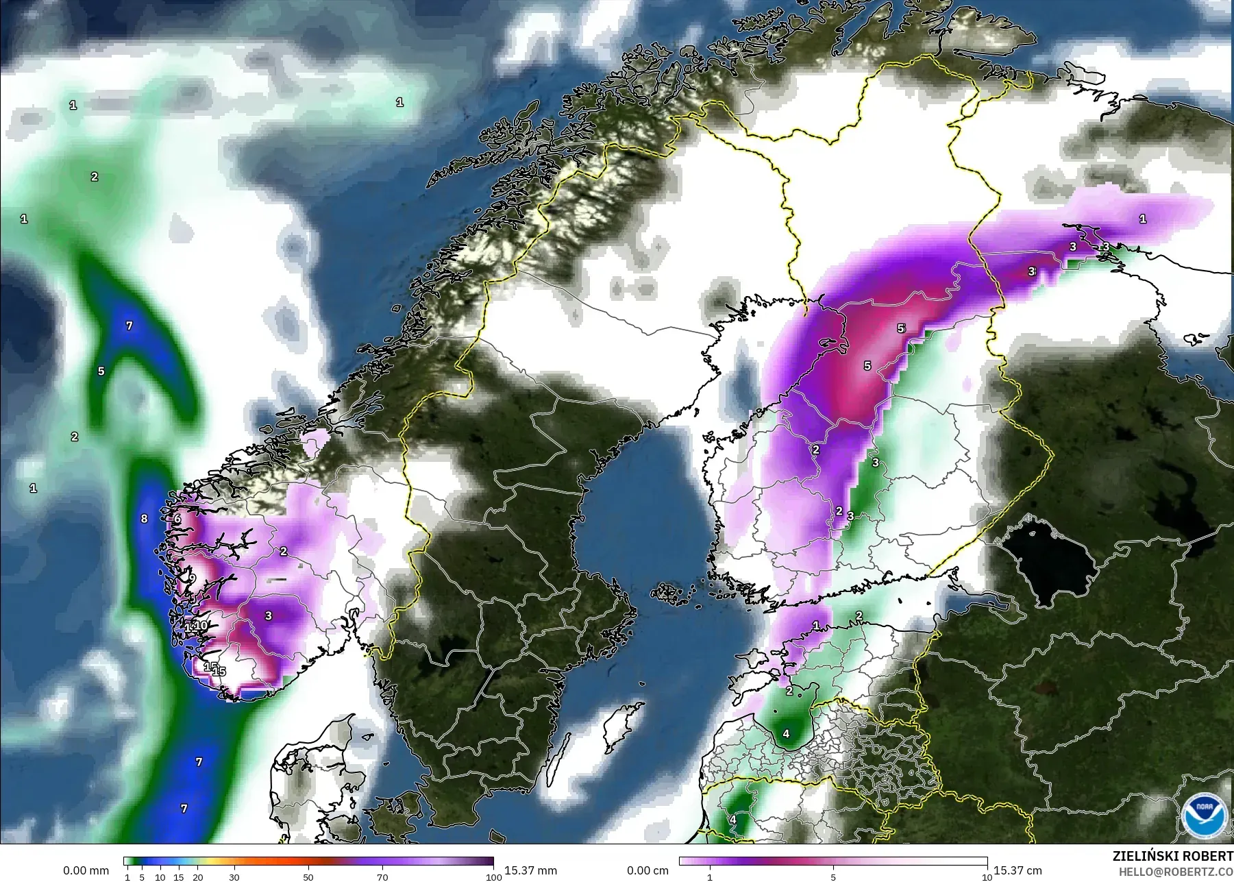 GFS modelo - Escandinávia, Precipitação, nuvens e pressão