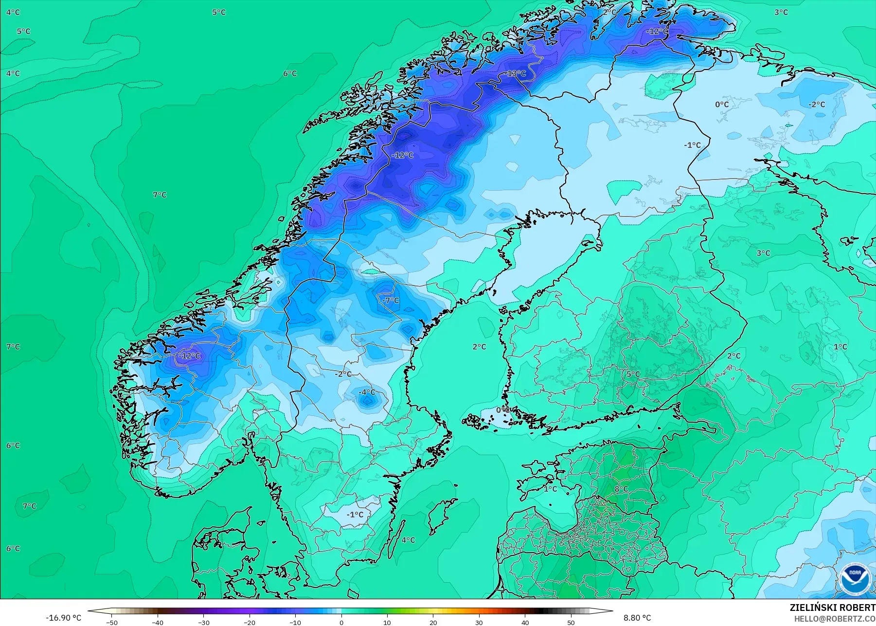 GFS modelo - Escandinávia, Temperatura a 2 m