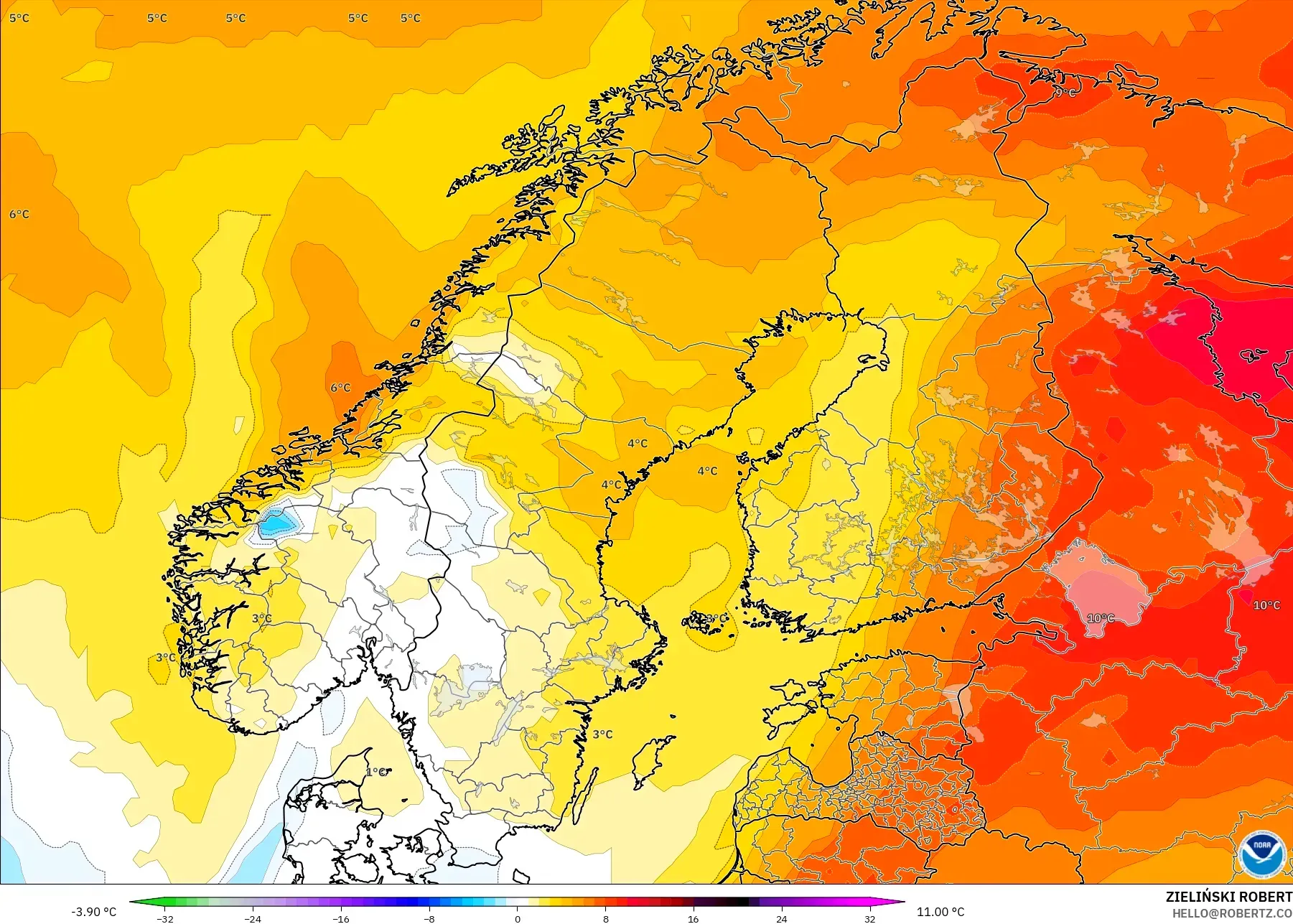 GFS modelo - Escandinávia, Anomalia de temperatura a 850 hPa