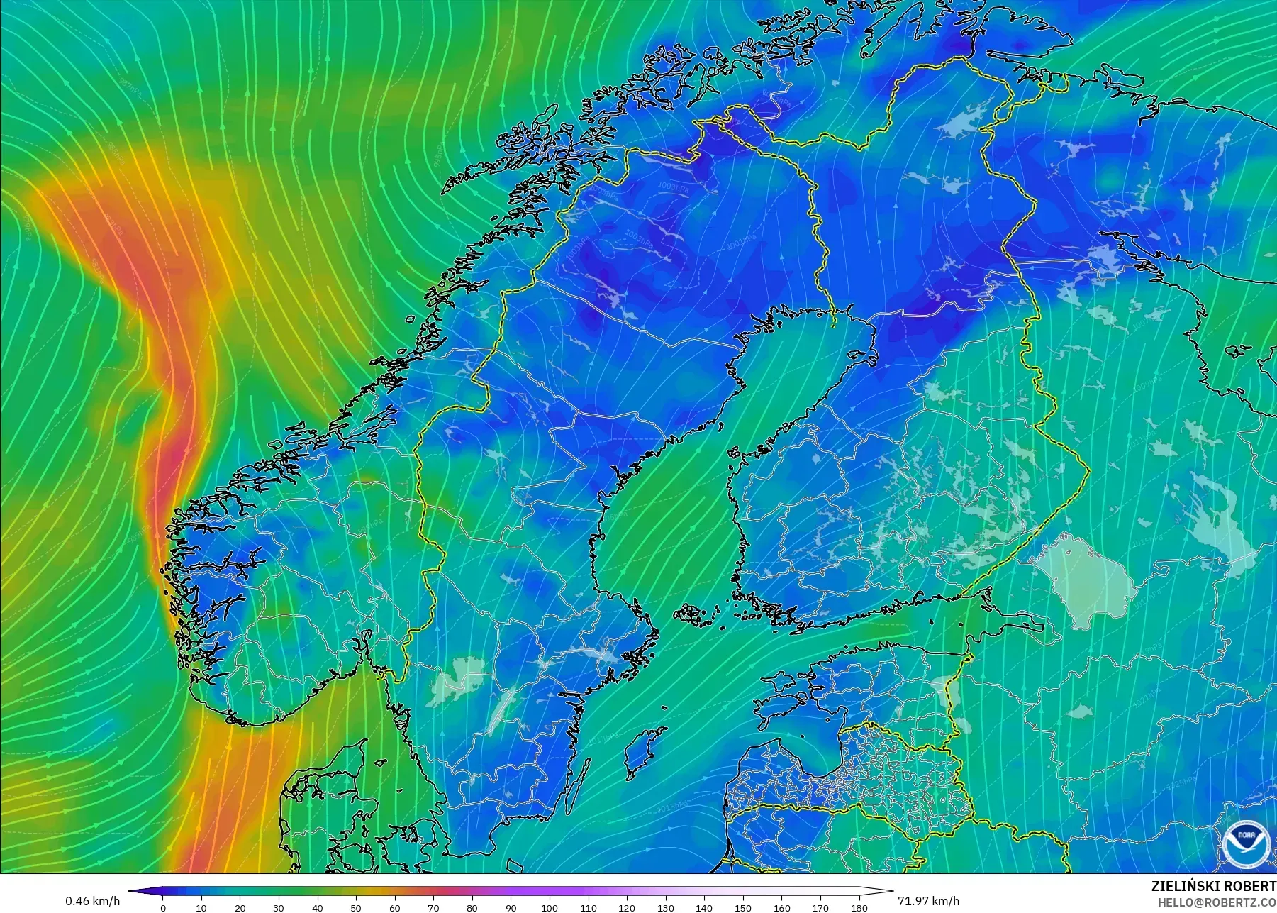 GFS modelo - Escandinávia, Vento a 10 m