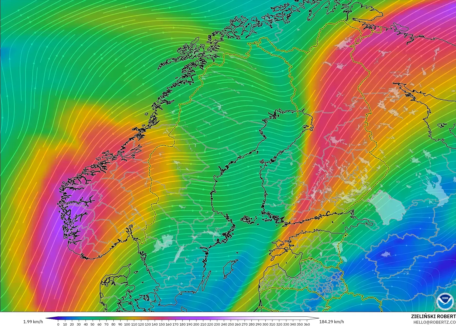 GFS modelo - Escandinávia, Vento a 300 hPa (corrente em jato)