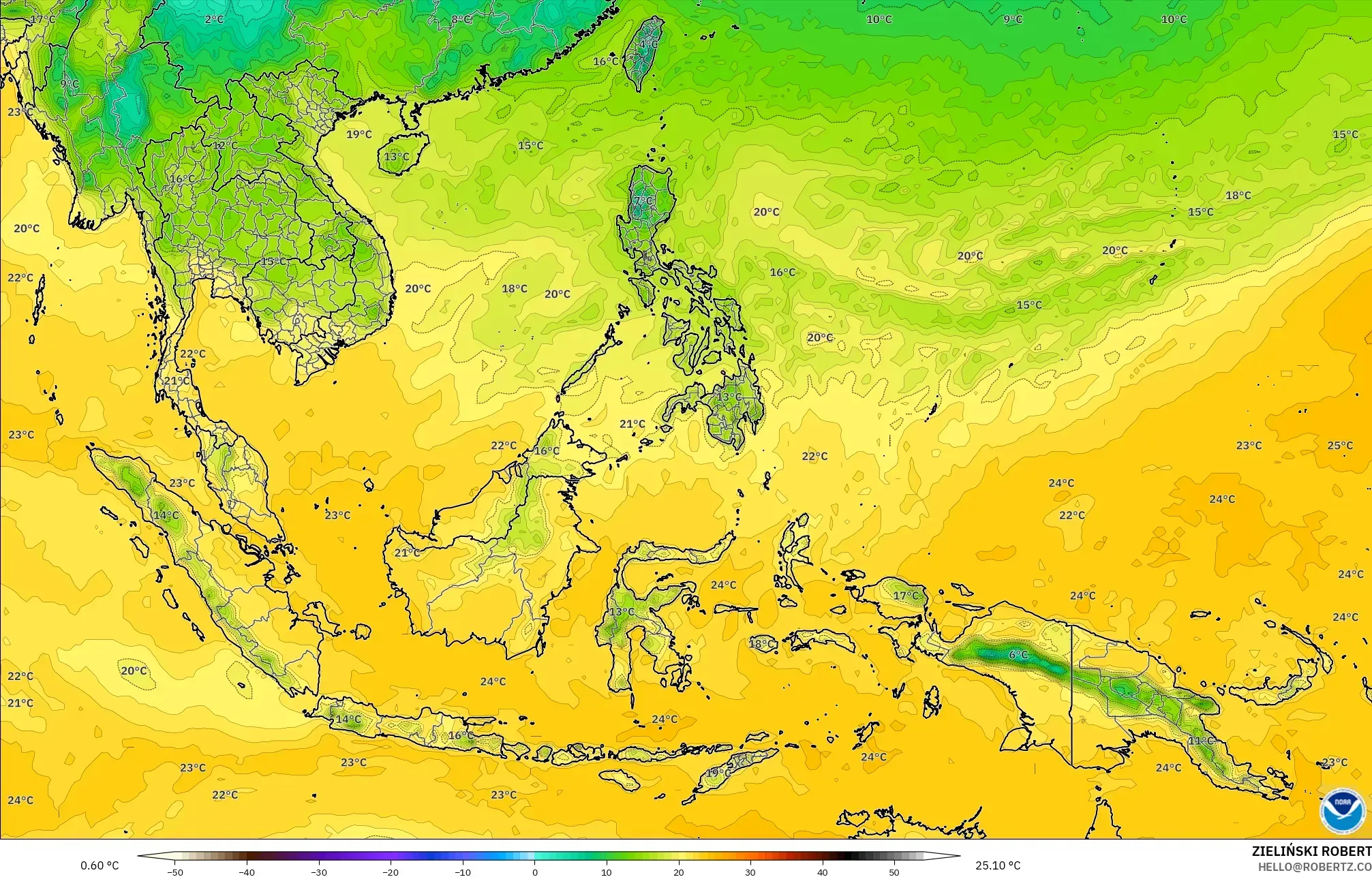 GFS modelo - Sudeste Asiático, Ponto de orvalho a 2 m