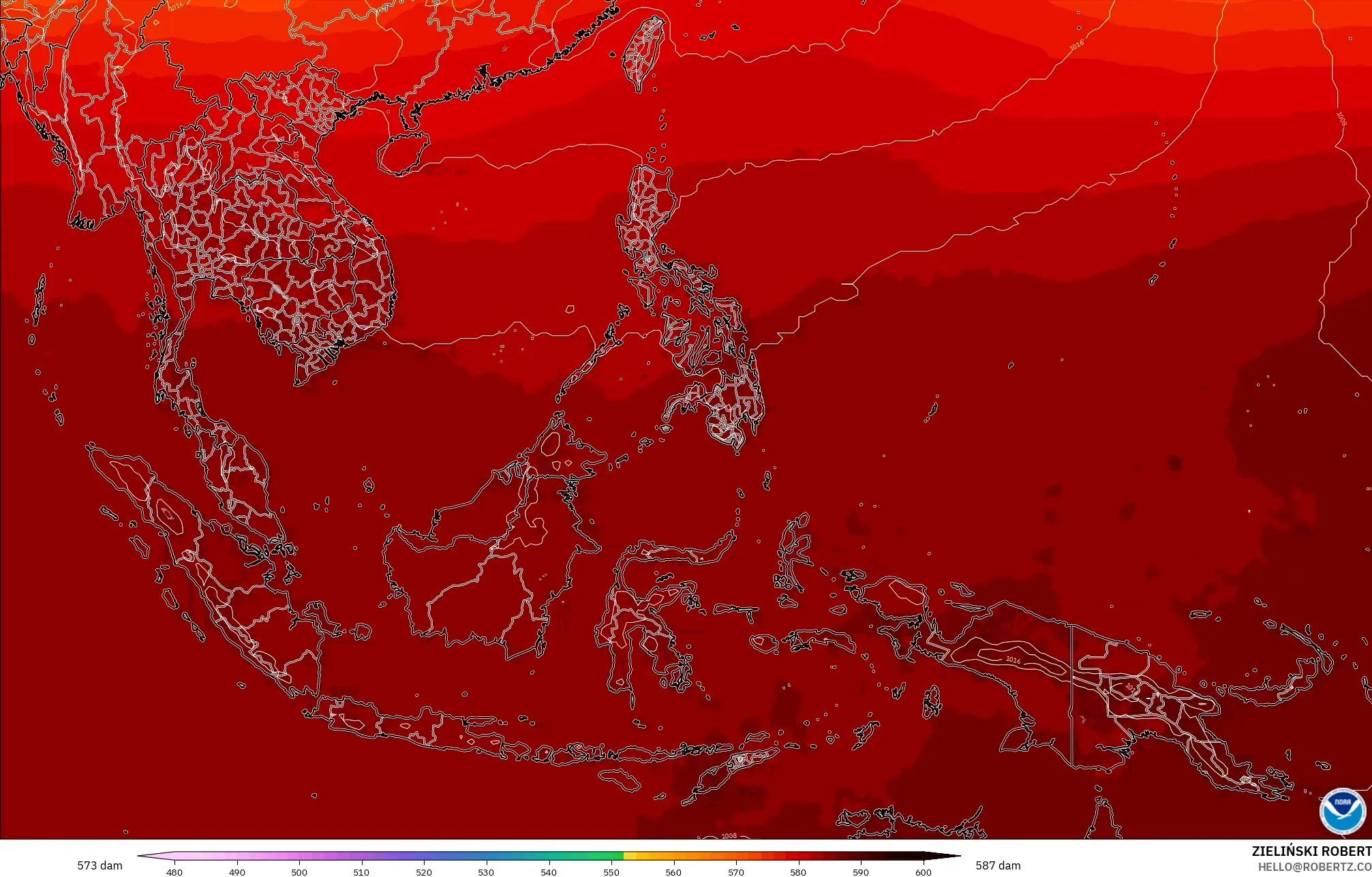 GFS modelo - Sudeste Asiático, Altura geopotencial a 500 hPa
