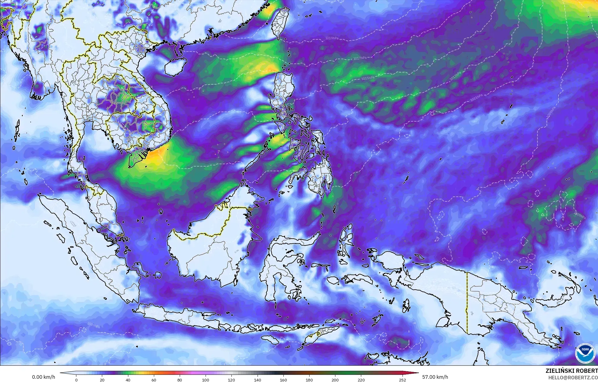 GFS modelo - Sudeste Asiático, Rajadas de Vento Máximas