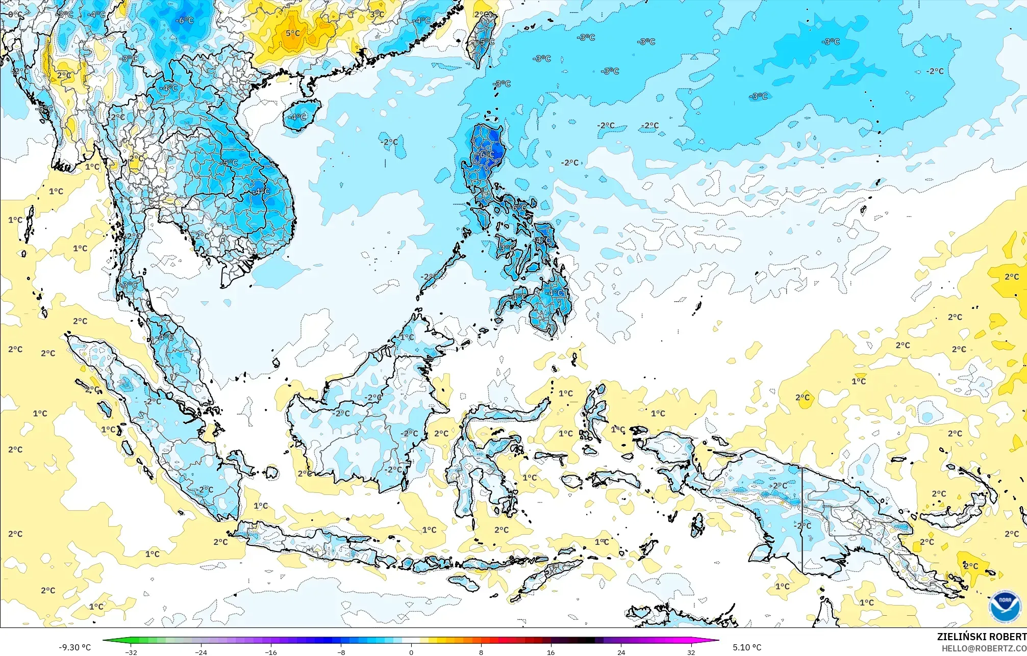 GFS modelo - Sudeste Asiático, Anomalia de temperatura a 2 m