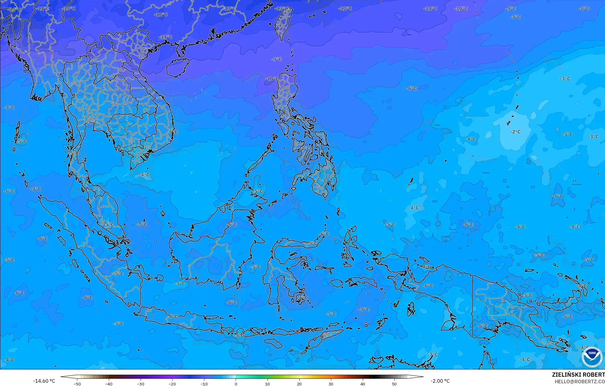 GFS modelo - Sudeste Asiático, Temperatura a 500 hPa