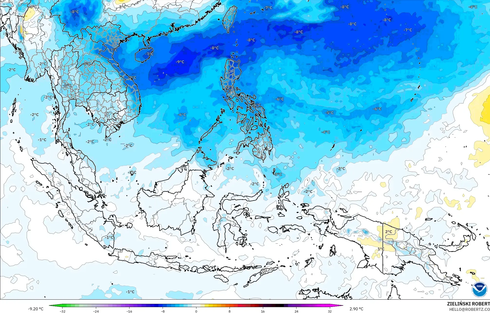 GFS modelo - Sudeste Asiático, Anomalia de temperatura a 850 hPa