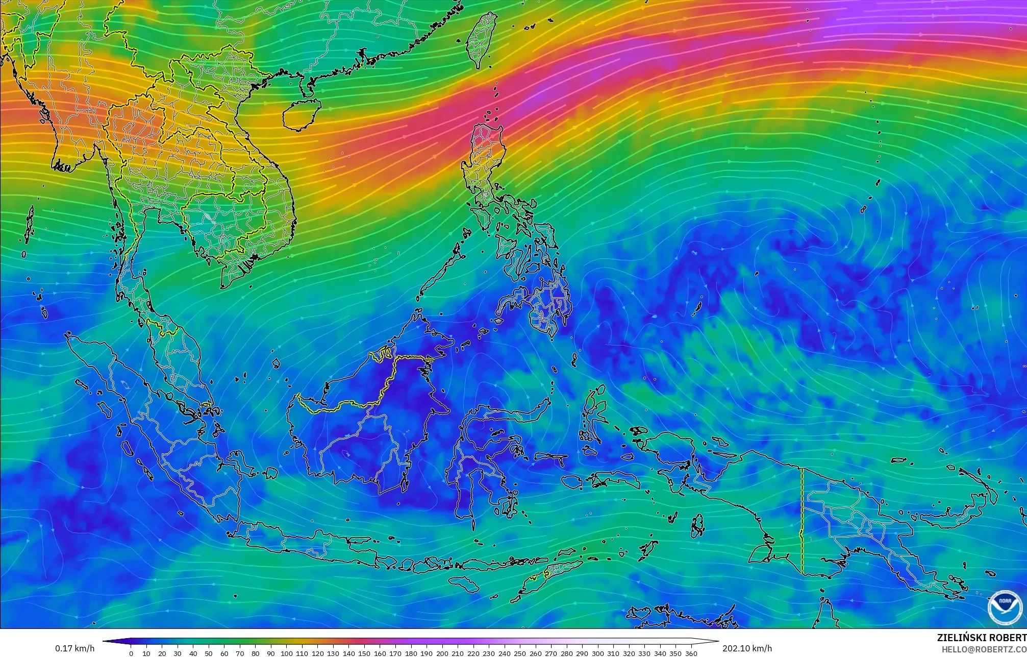 GFS modelo - Sudeste Asiático, Vento a 300 hPa (corrente em jato)