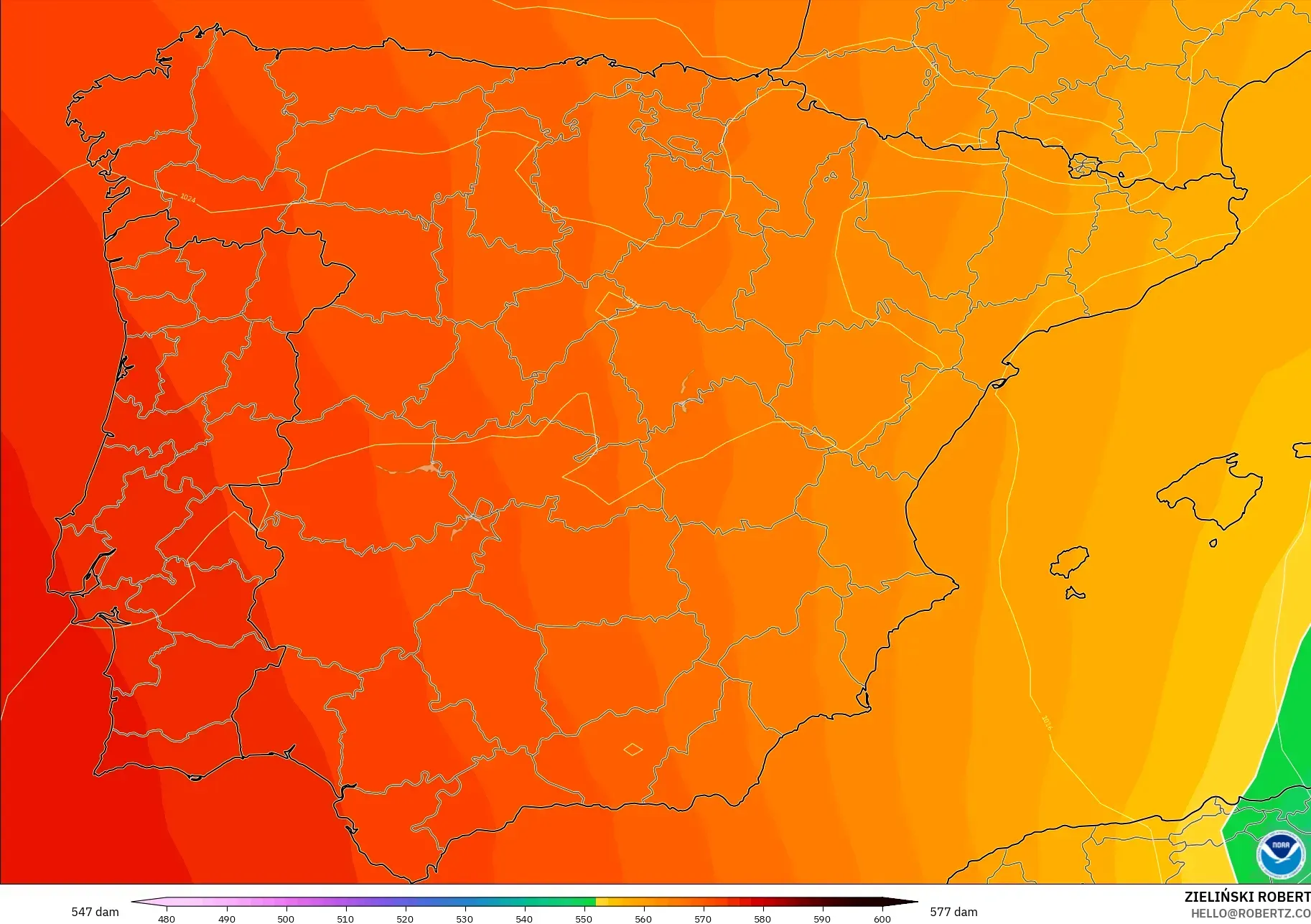 GFS modelo - Espanha, Altura geopotencial a 500 hPa