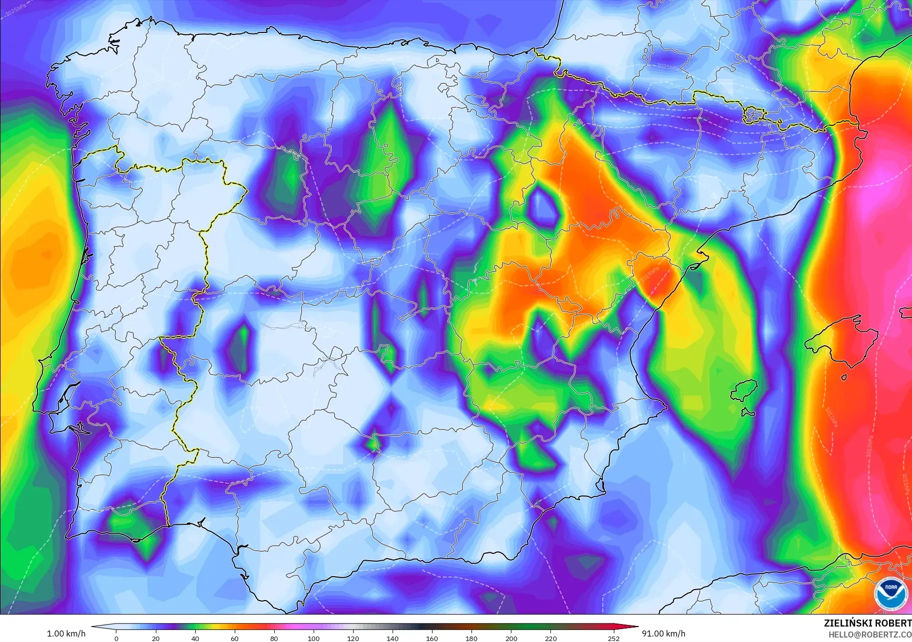 GFS modelo - Espanha, Rajadas de Vento Máximas