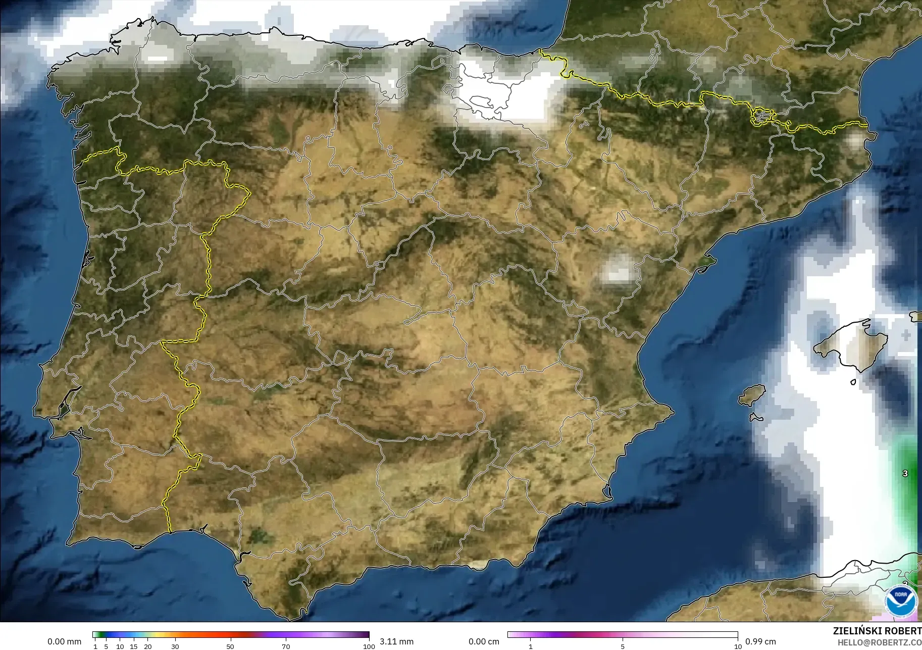 GFS modelo - Espanha, Precipitação, nuvens e pressão