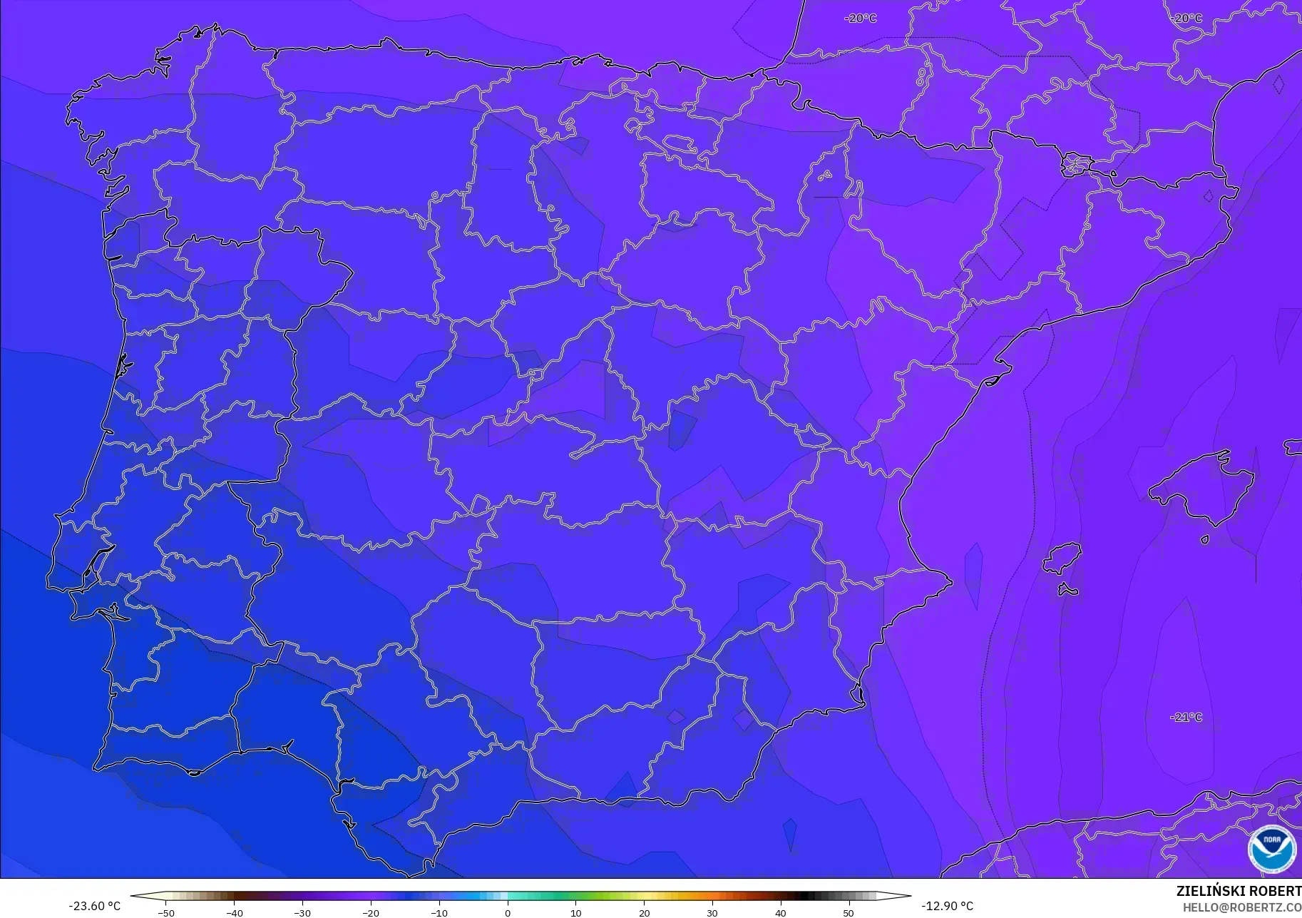 GFS modelo - Espanha, Temperatura a 500 hPa
