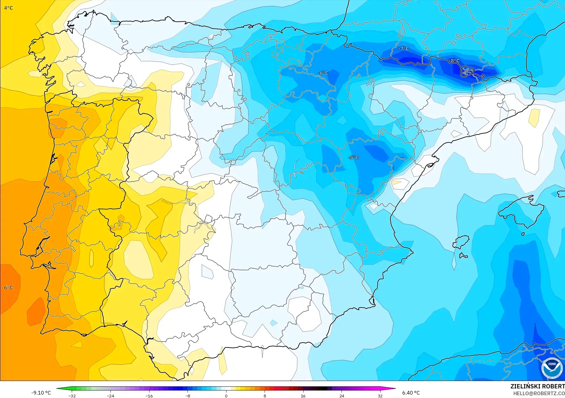 GFS modelo - Espanha, Anomalia de temperatura a 850 hPa