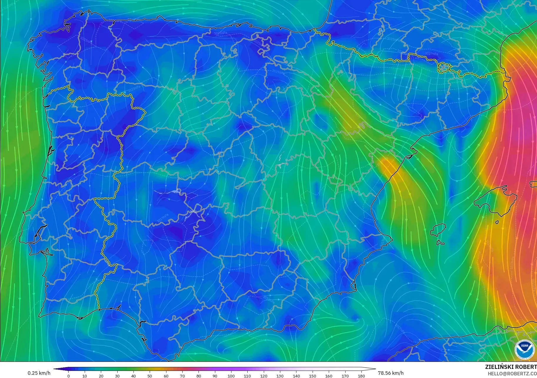 GFS modelo - Espanha, Vento a 10 m