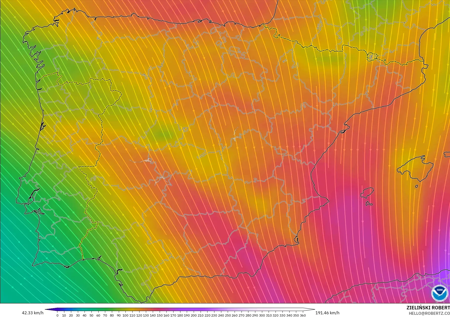 GFS modelo - Espanha, Vento a 300 hPa (corrente em jato)