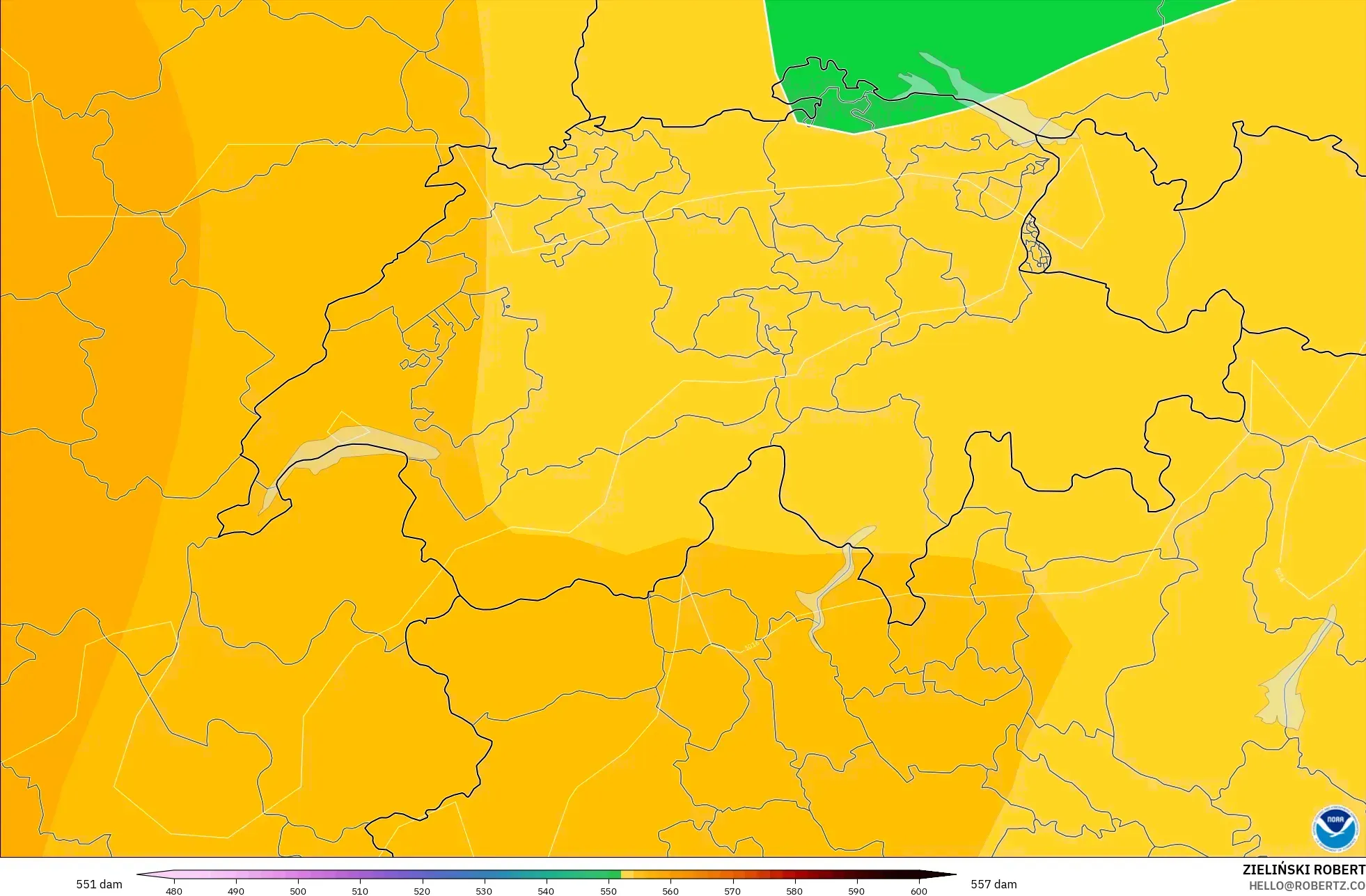 GFS modelo - Suíça, Altura geopotencial a 500 hPa